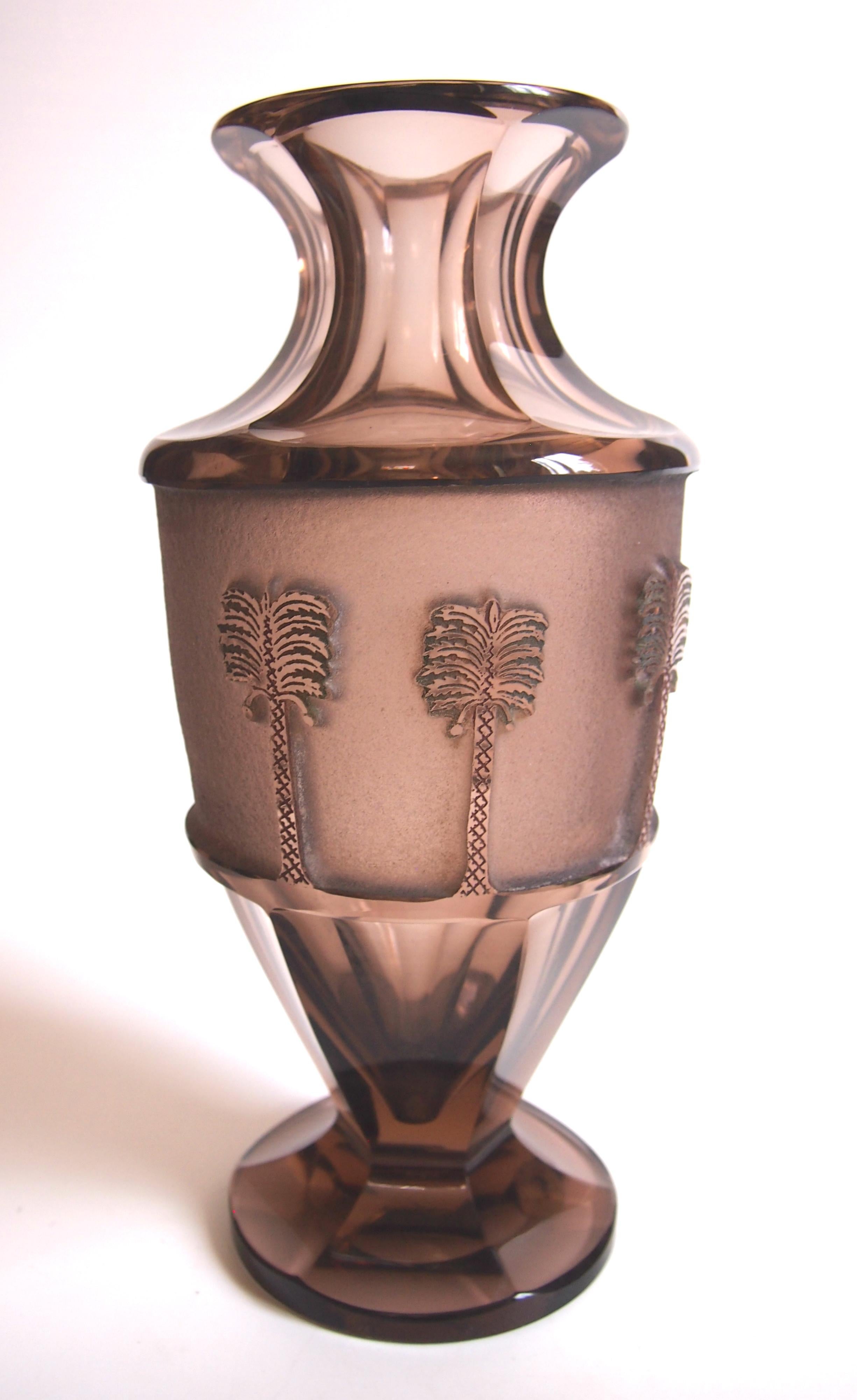 Art Deco Bohemian Egyptian Lion Hunt Moser Deep Acid Etched Glass Vase, 1937 For Sale