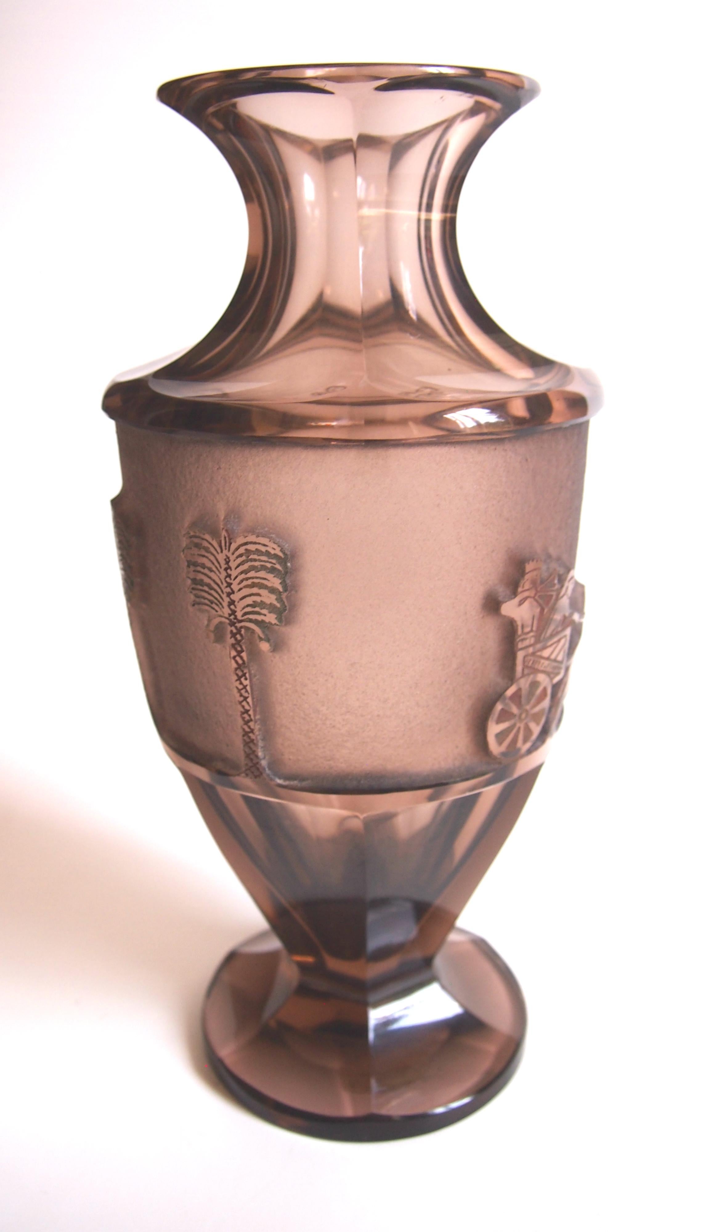 Czech Bohemian Egyptian Lion Hunt Moser Deep Acid Etched Glass Vase, 1937 For Sale