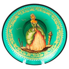 Vintage Bohemian Emerald Glass Enamel Plate 