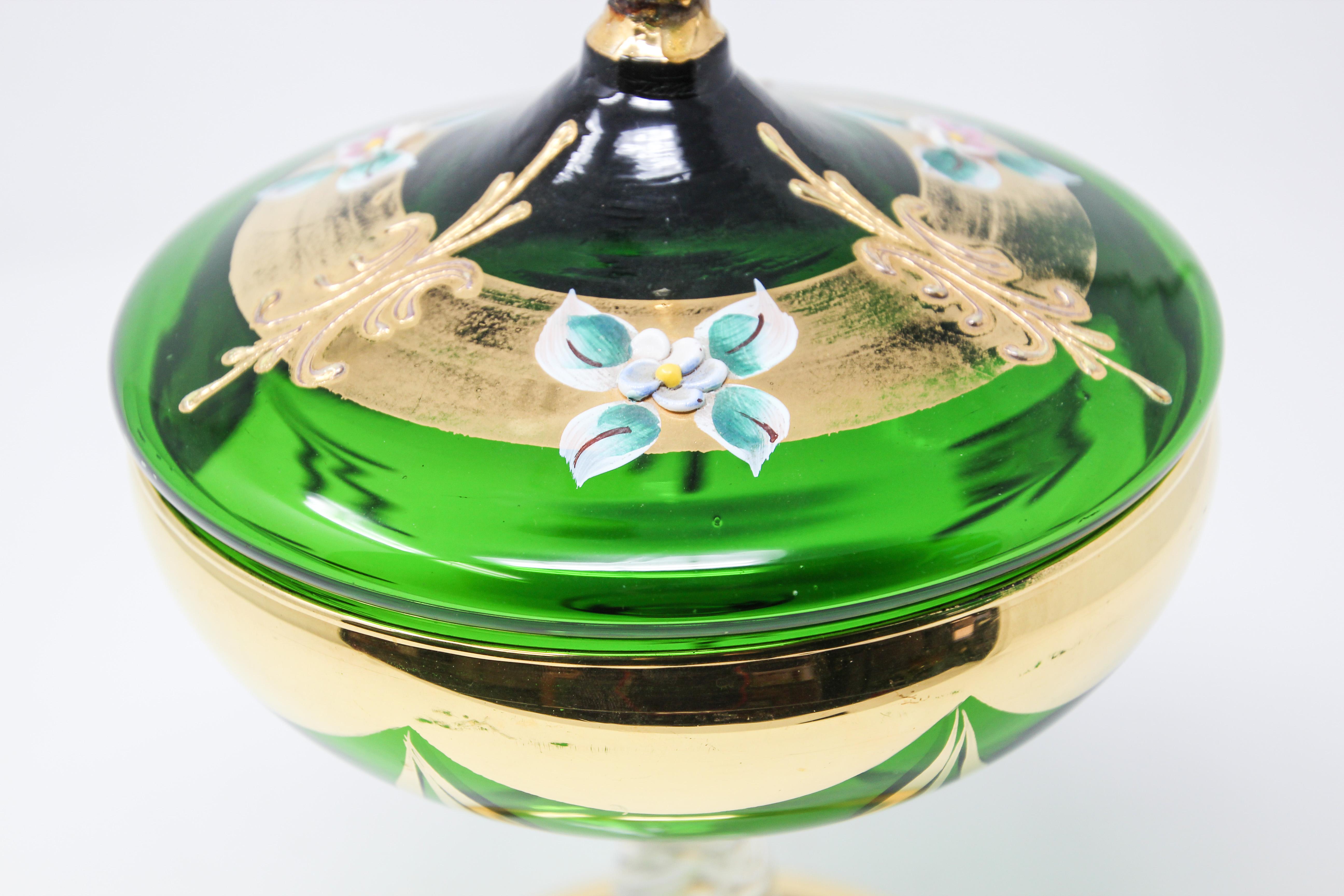 Bohemian Emerald Green Glass Bonbonniere Dish 9