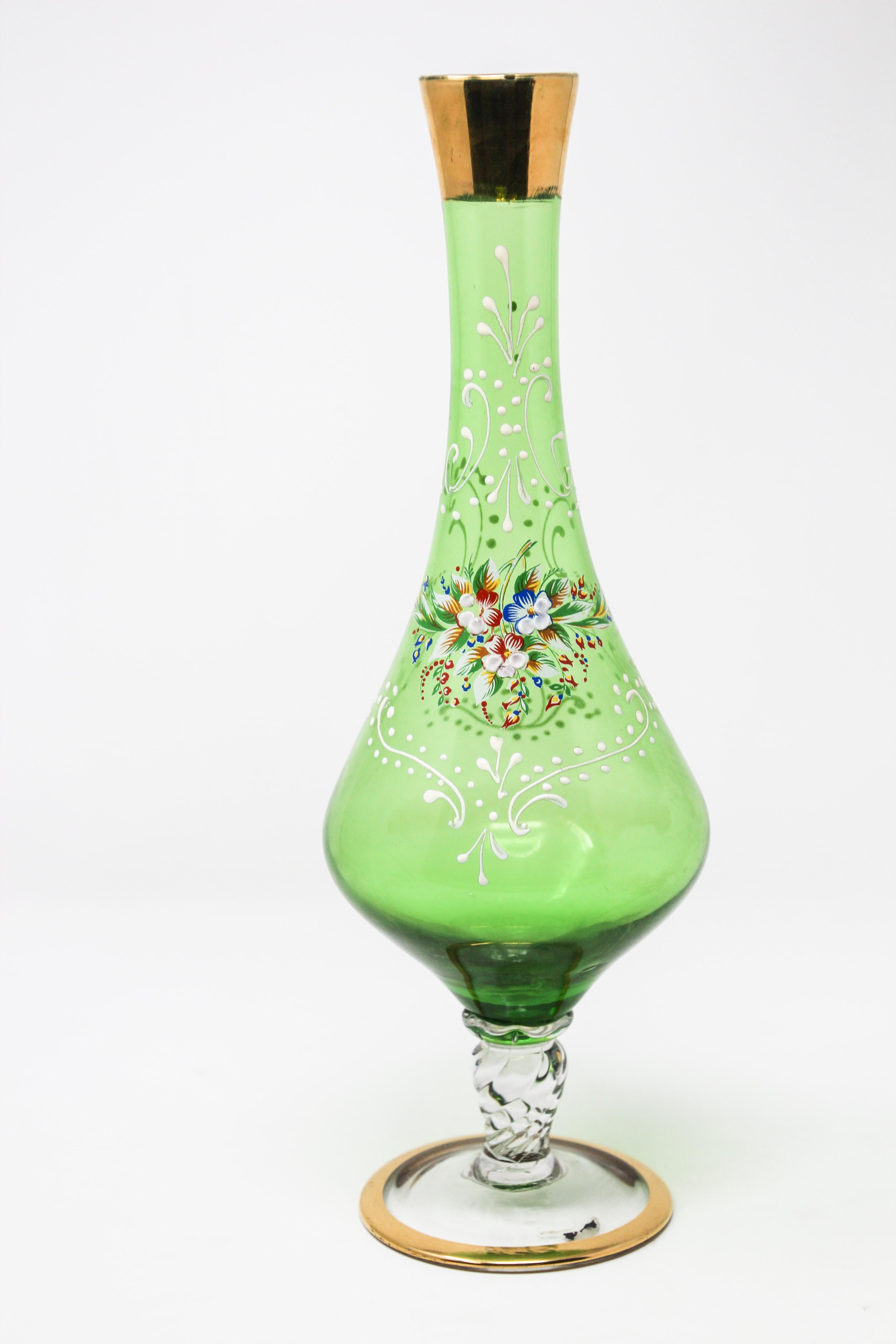 Art Nouveau Bohemian Emerald Green Glass Gilded For Sale