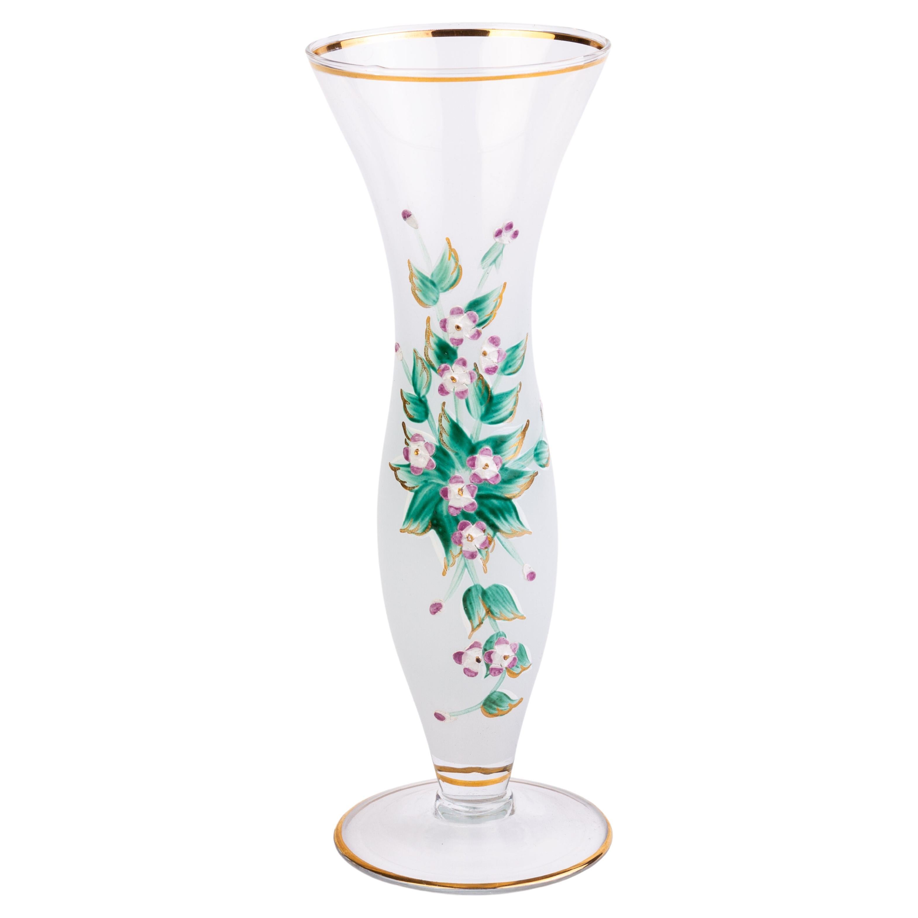 Bohemian Enamel Painted Opaline Glass Vase 