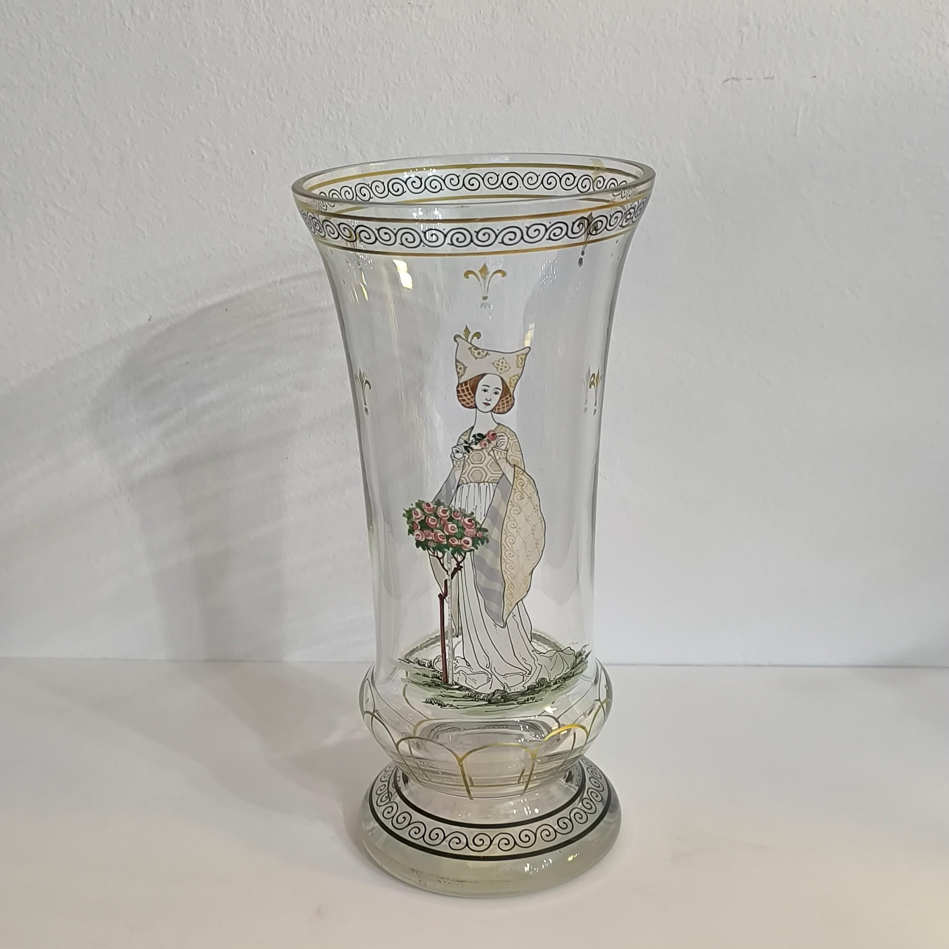 Bohemian Enameled Glass Pedestal Vase by Paul Thomas for Haida, Steinschonau For Sale 4