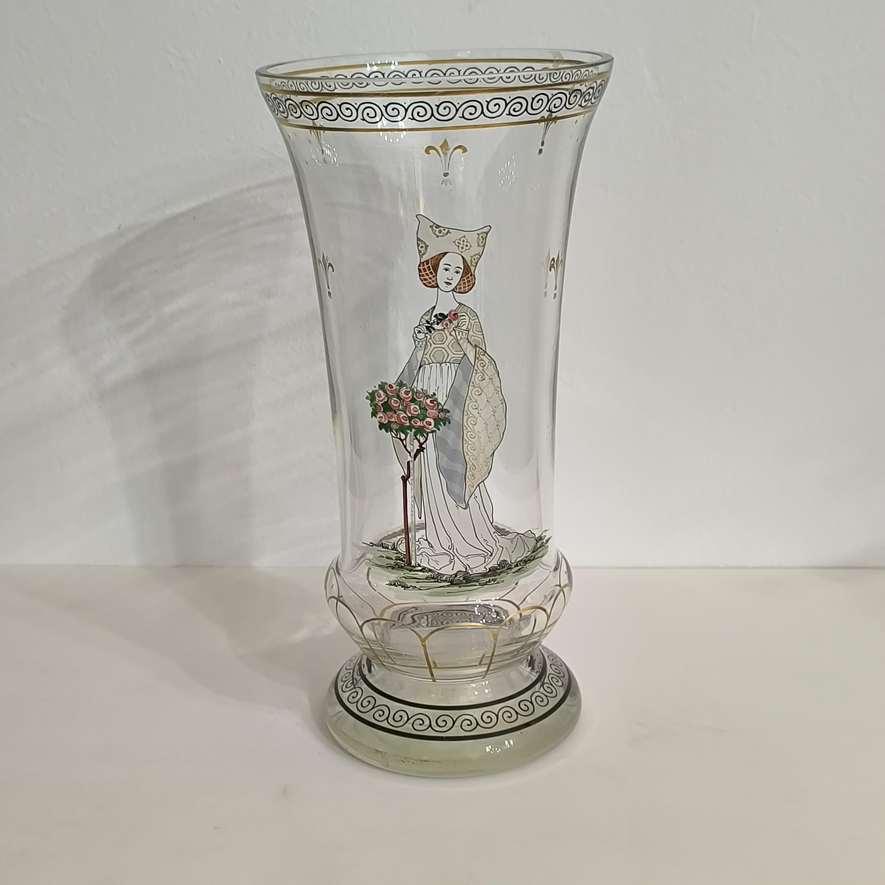 Bohemian Enameled Glass Pedestal Vase by Paul Thomas for Haida, Steinschonau For Sale 5