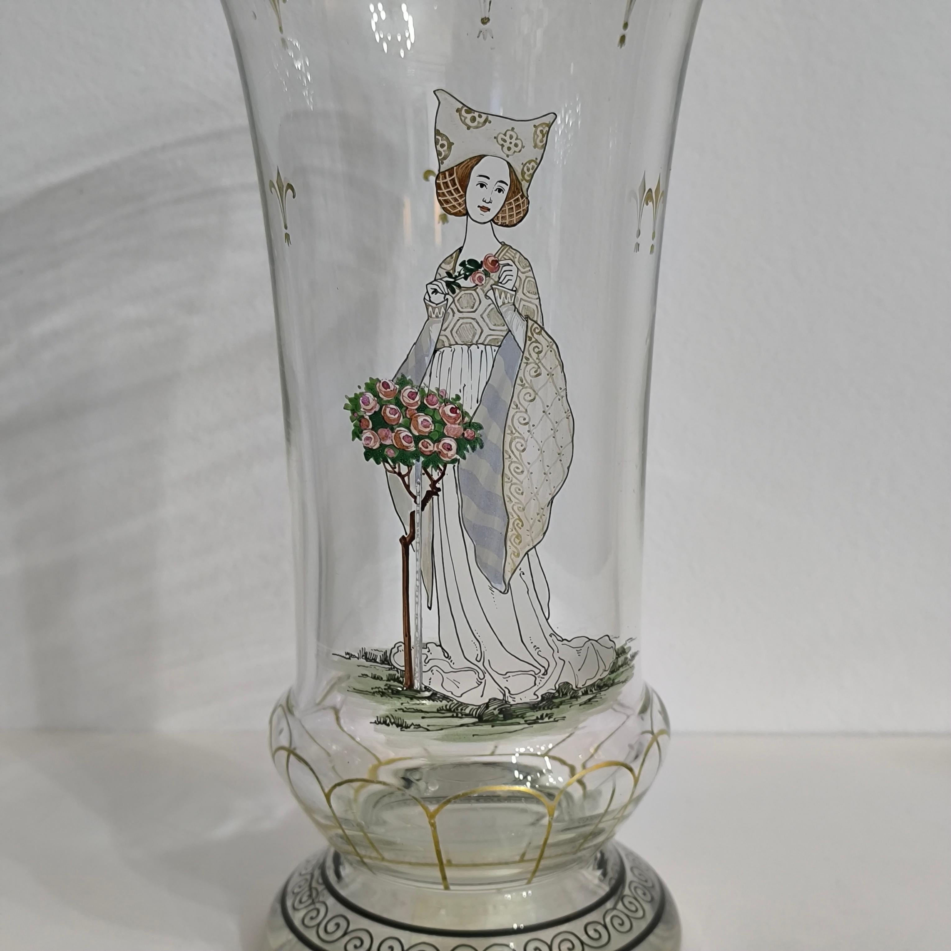 Bohemian Enameled Glass Pedestal Vase by Paul Thomas for Haida, Steinschonau For Sale 6