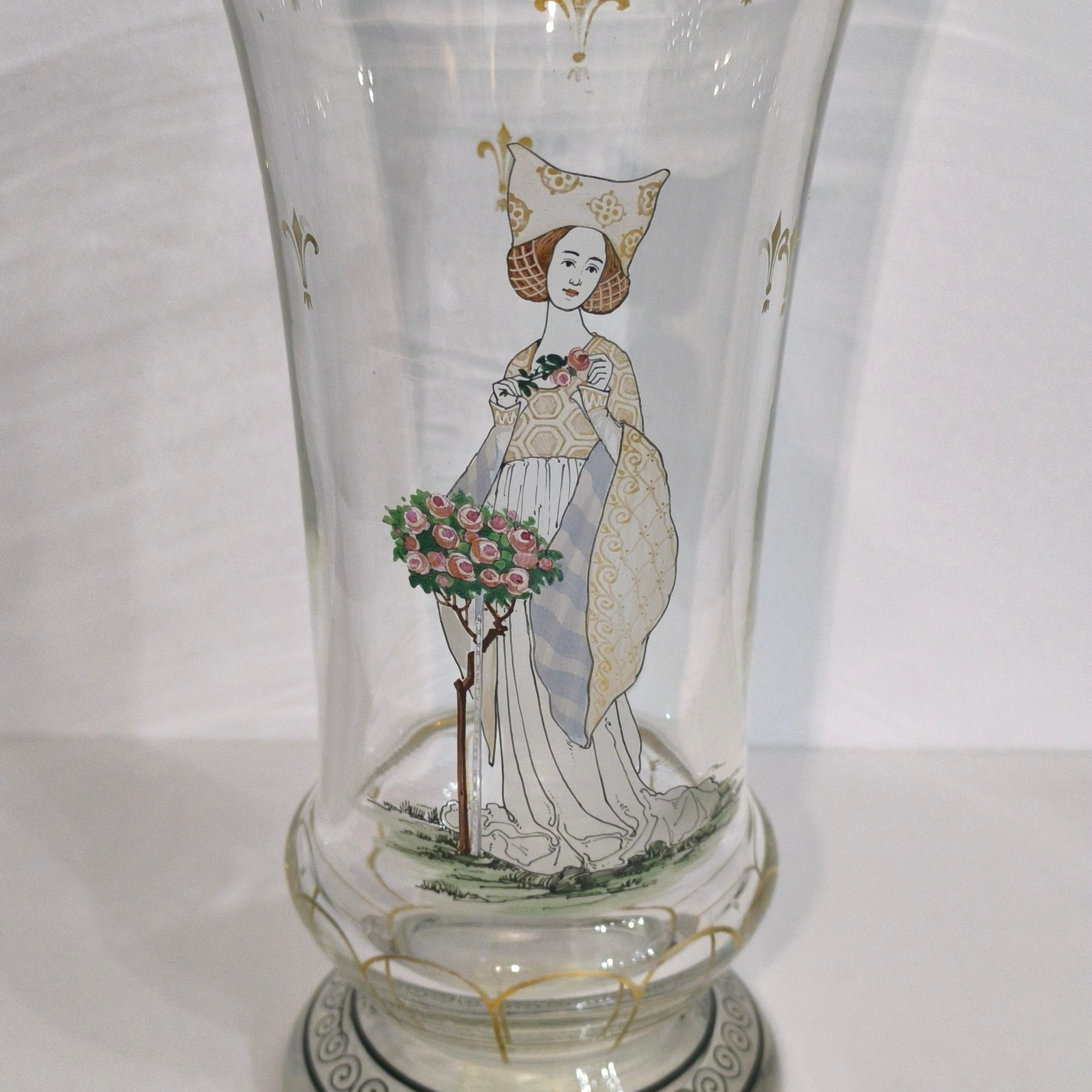 Bohemian Enameled Glass Pedestal Vase by Paul Thomas for Haida, Steinschonau For Sale 8