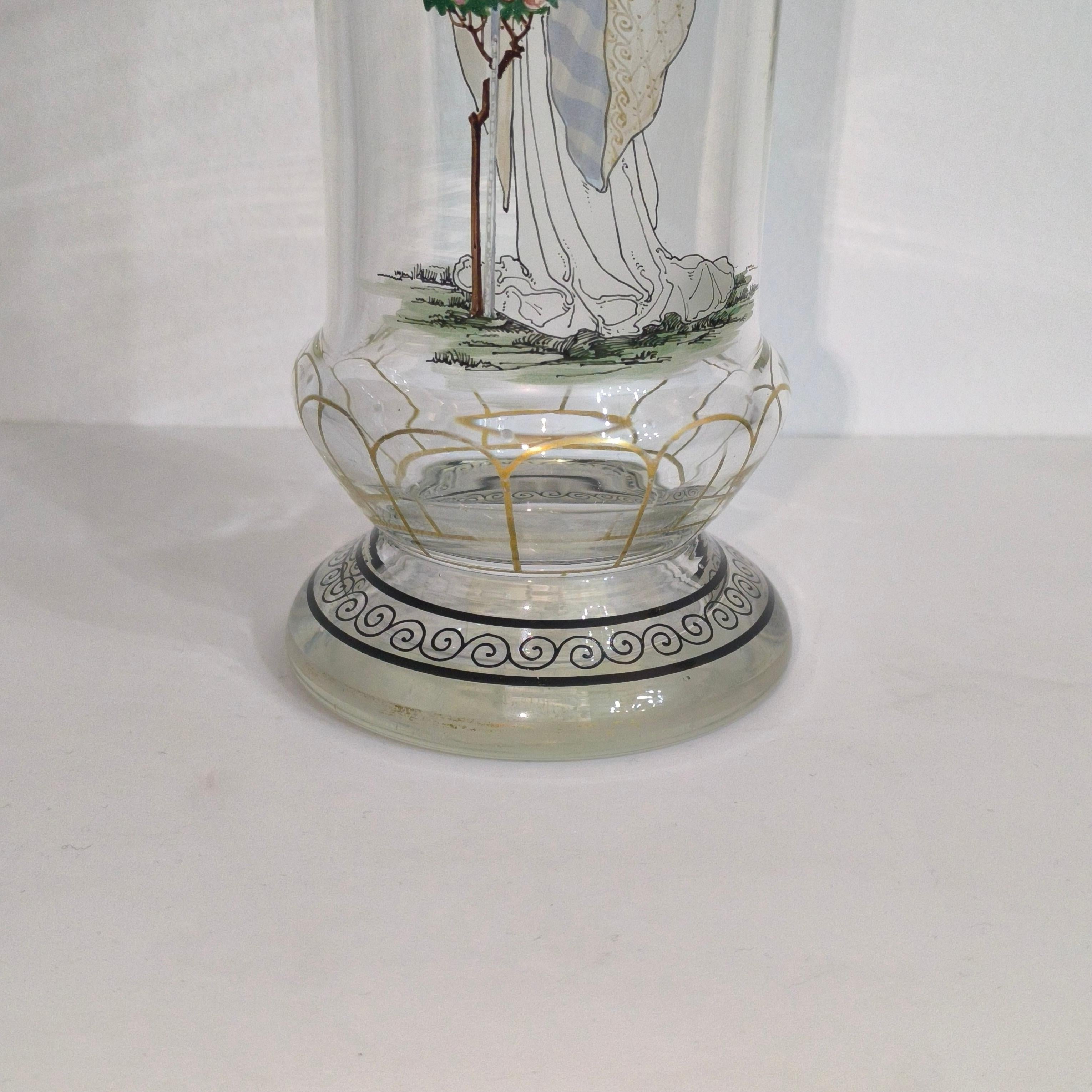 Bohemian Enameled Glass Pedestal Vase by Paul Thomas for Haida, Steinschonau For Sale 9