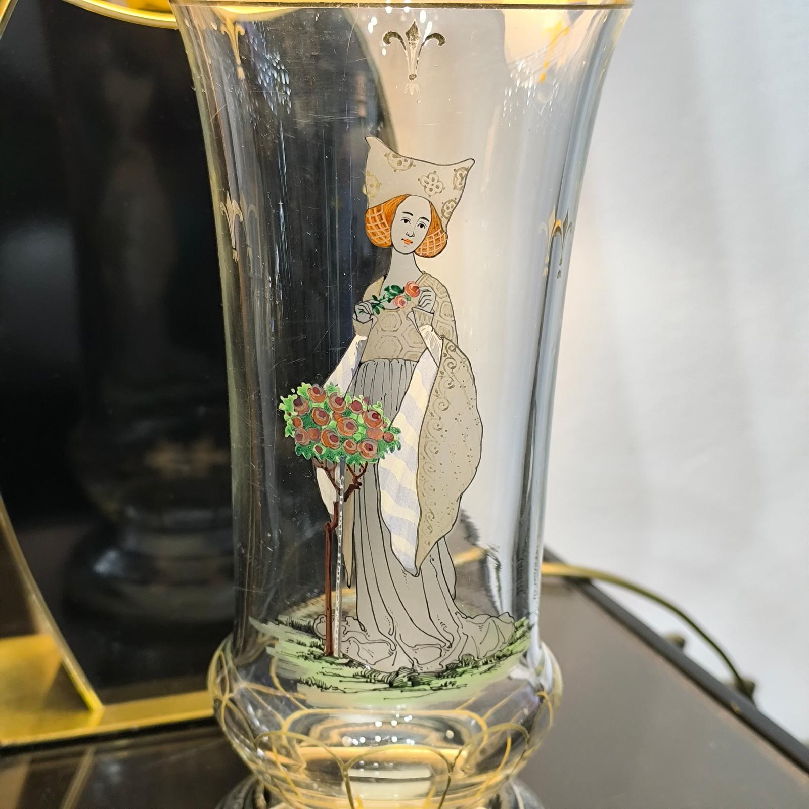 Art Deco Bohemian Enameled Glass Pedestal Vase by Paul Thomas for Haida, Steinschonau For Sale