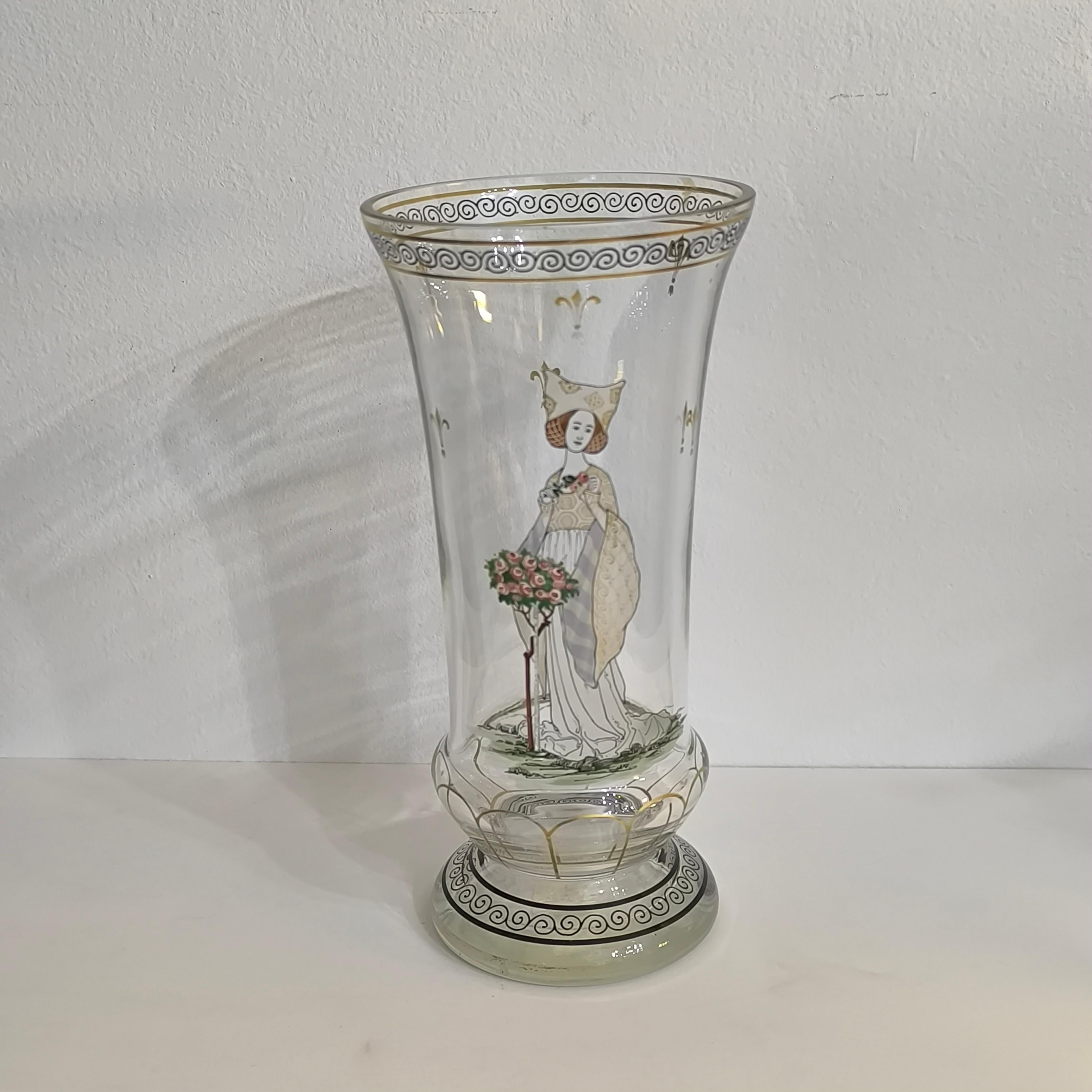 20th Century Bohemian Enameled Glass Pedestal Vase by Paul Thomas for Haida, Steinschonau For Sale