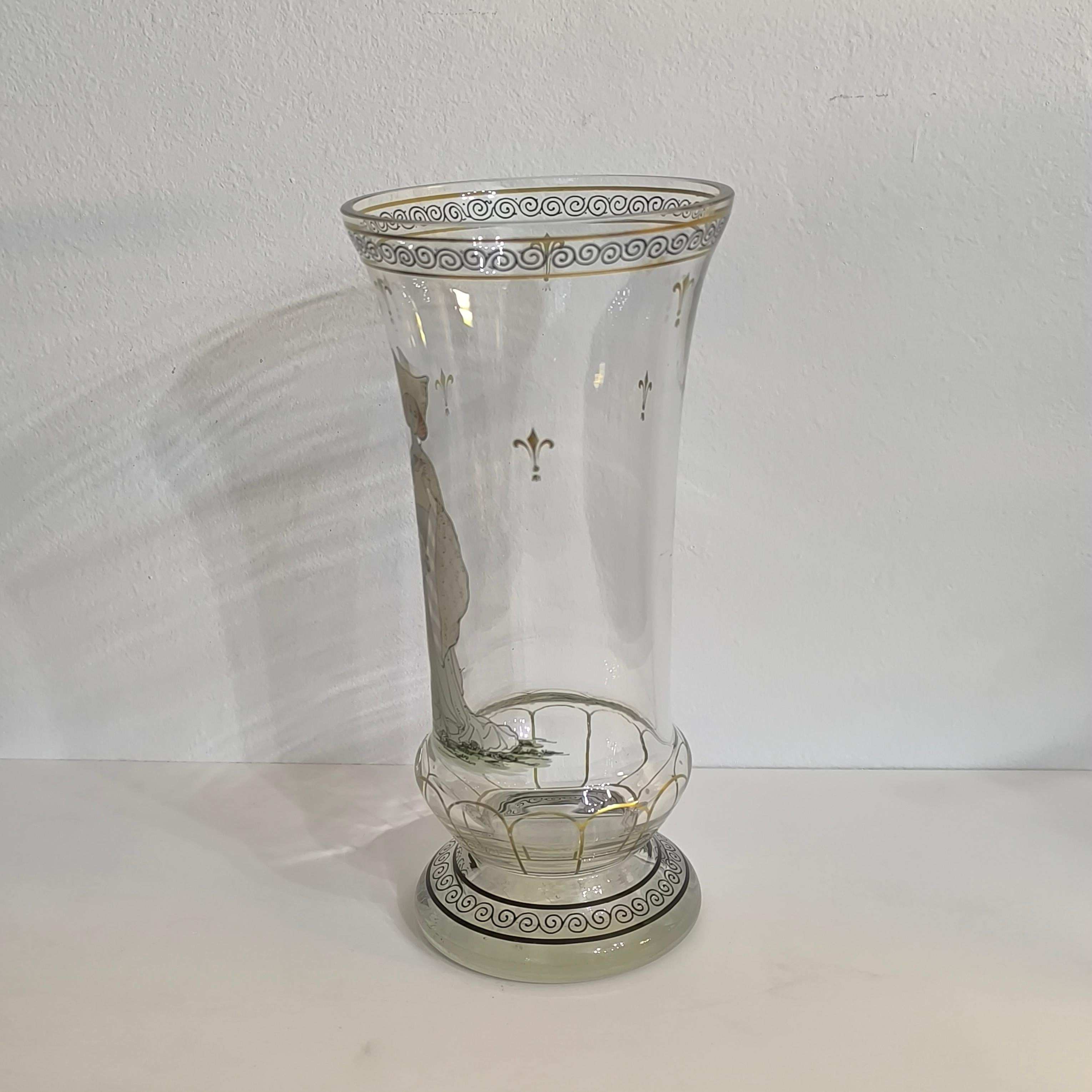 Bohemian Enameled Glass Pedestal Vase by Paul Thomas for Haida, Steinschonau For Sale 1