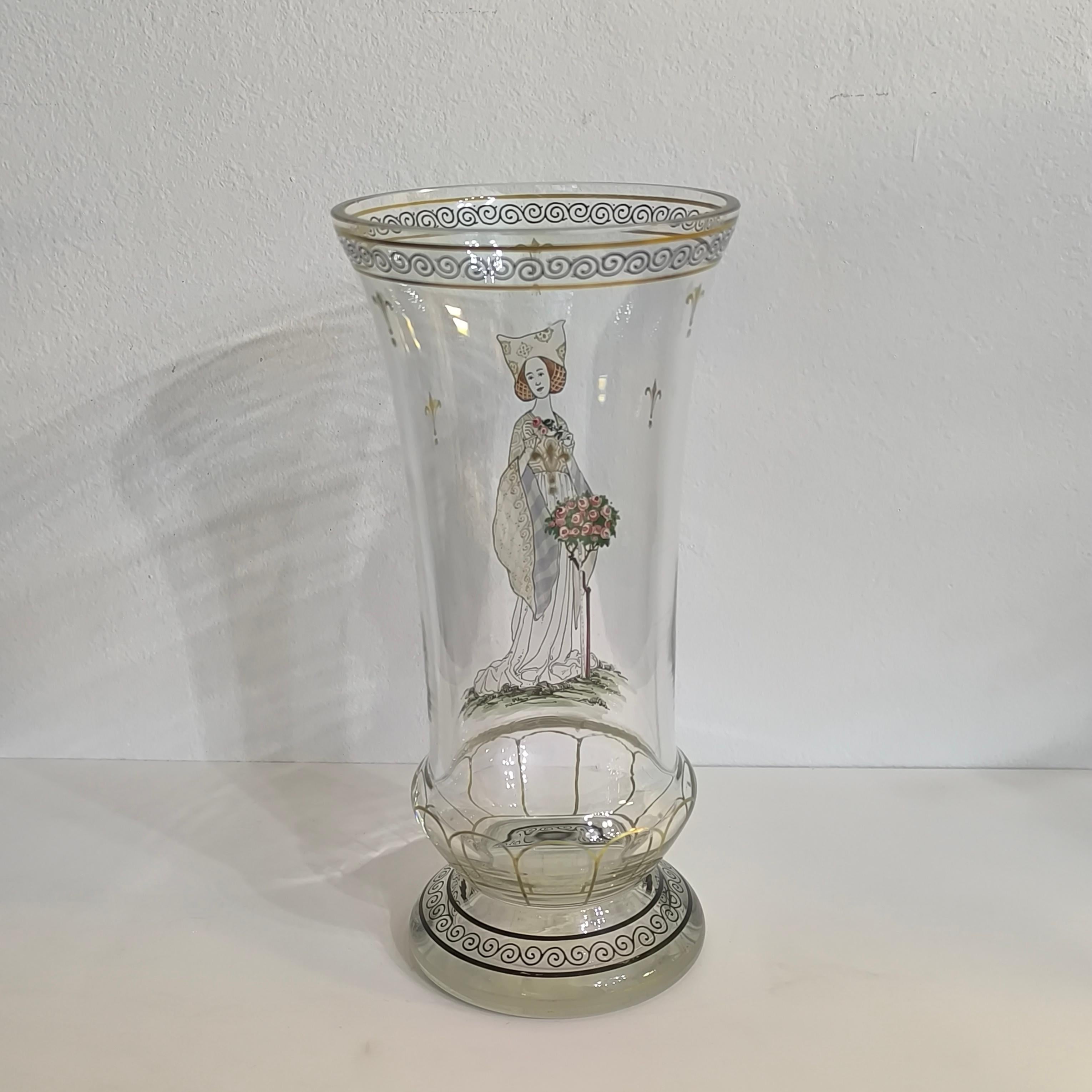 Bohemian Enameled Glass Pedestal Vase by Paul Thomas for Haida, Steinschonau For Sale 2