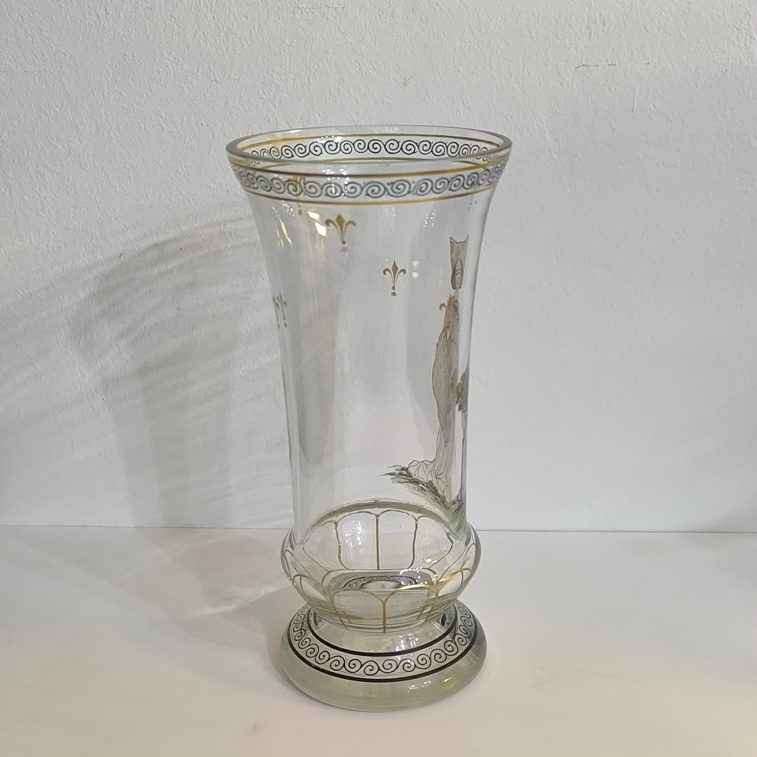 Bohemian Enameled Glass Pedestal Vase by Paul Thomas for Haida, Steinschonau For Sale 3