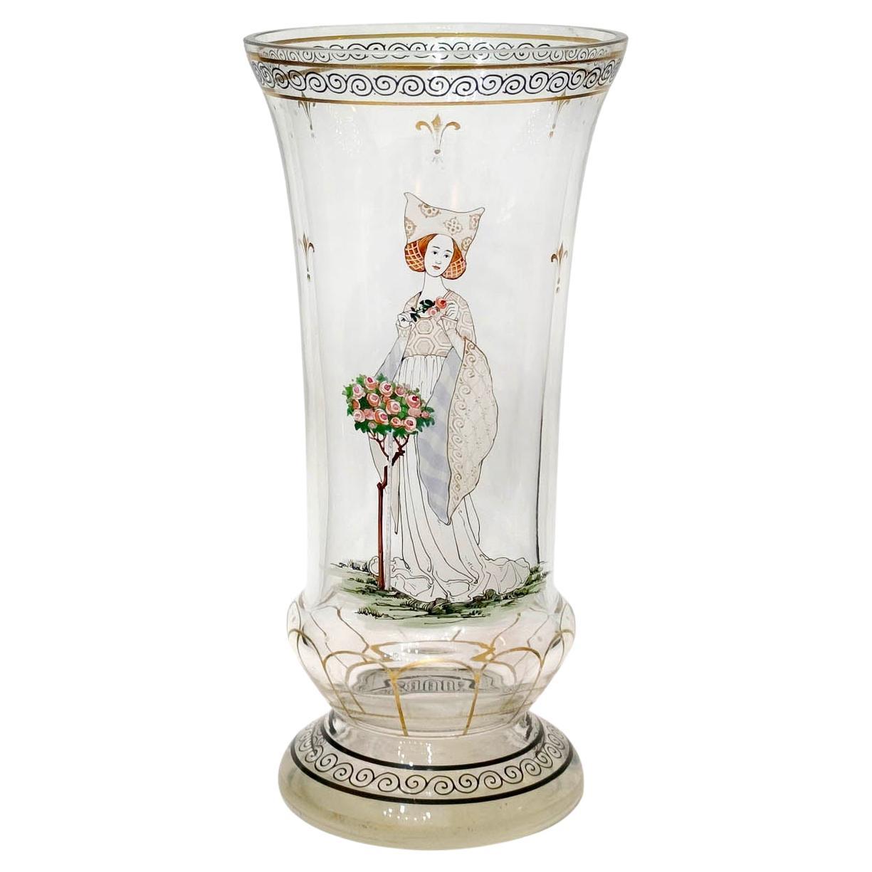 Bohemian Enameled Glass Pedestal Vase by Paul Thomas for Haida, Steinschonau For Sale