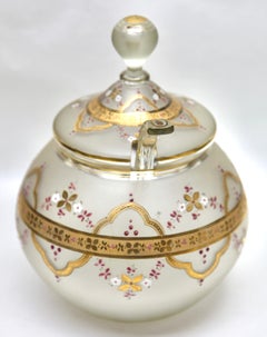 Bohemian Enameled, Gold Edging Satin Glass Punch Bowl Lid and Spoon