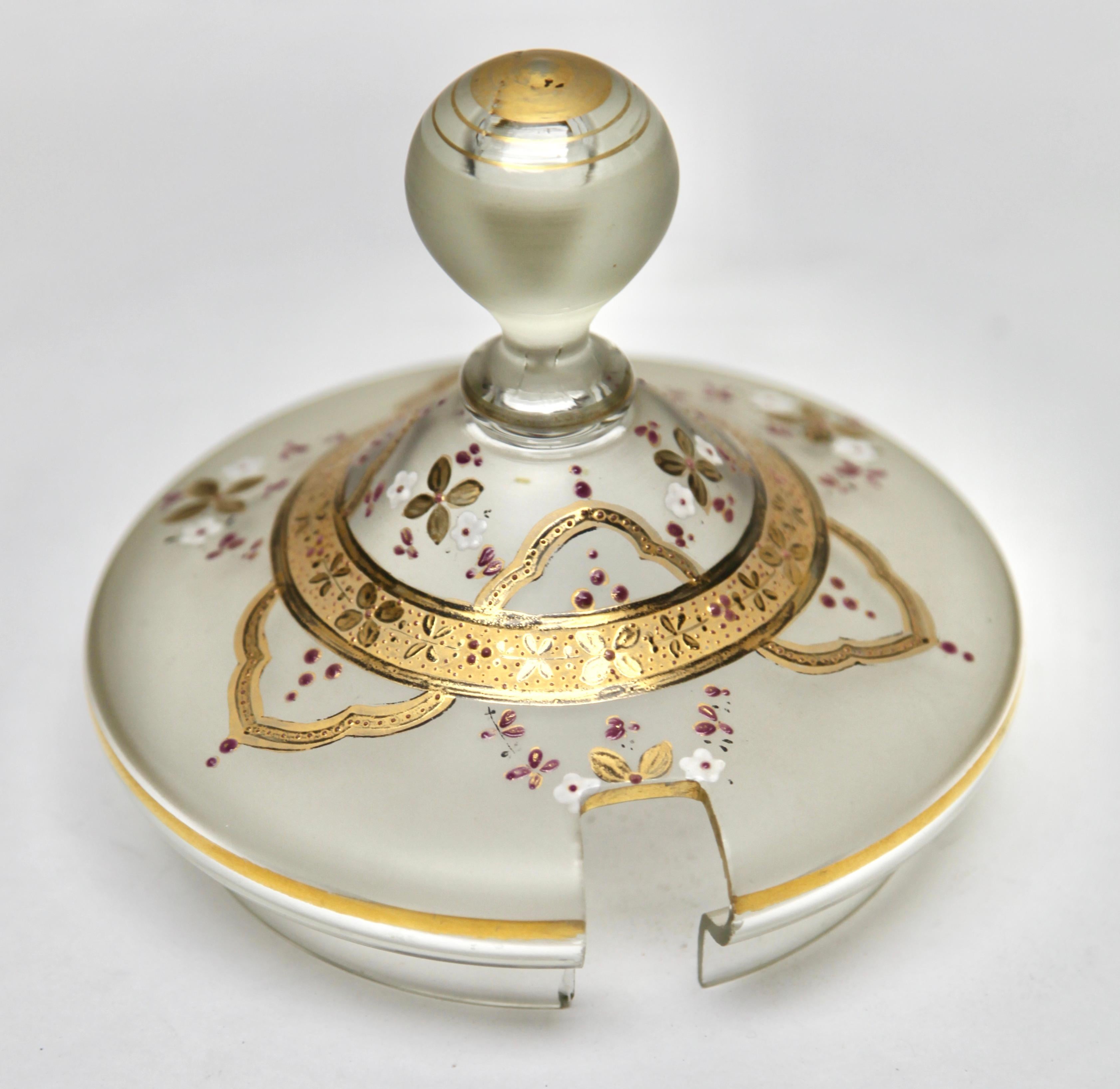 Art Nouveau Bohemian Enameled, Gold Edging Satin Glass Punch Bowl Lid and Spoon For Sale