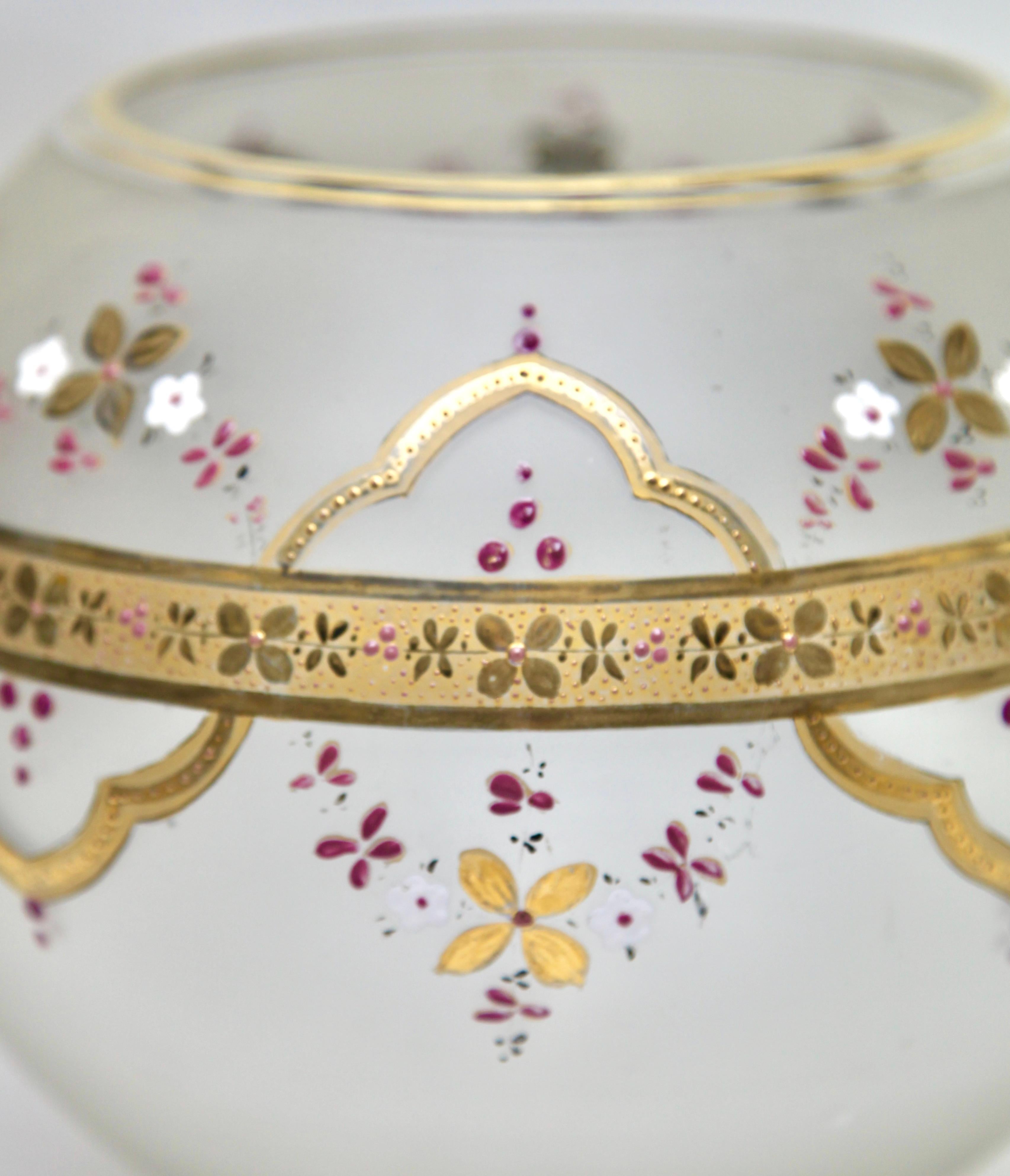 Bohemian Enameled, Gold Edging Satin Glass Punch Bowl Lid and Spoon For Sale 2