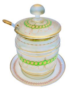 Bohemian Enameled, Gold Edging Satin Glass Punch Bowl whit Tray, Lid and Spoon