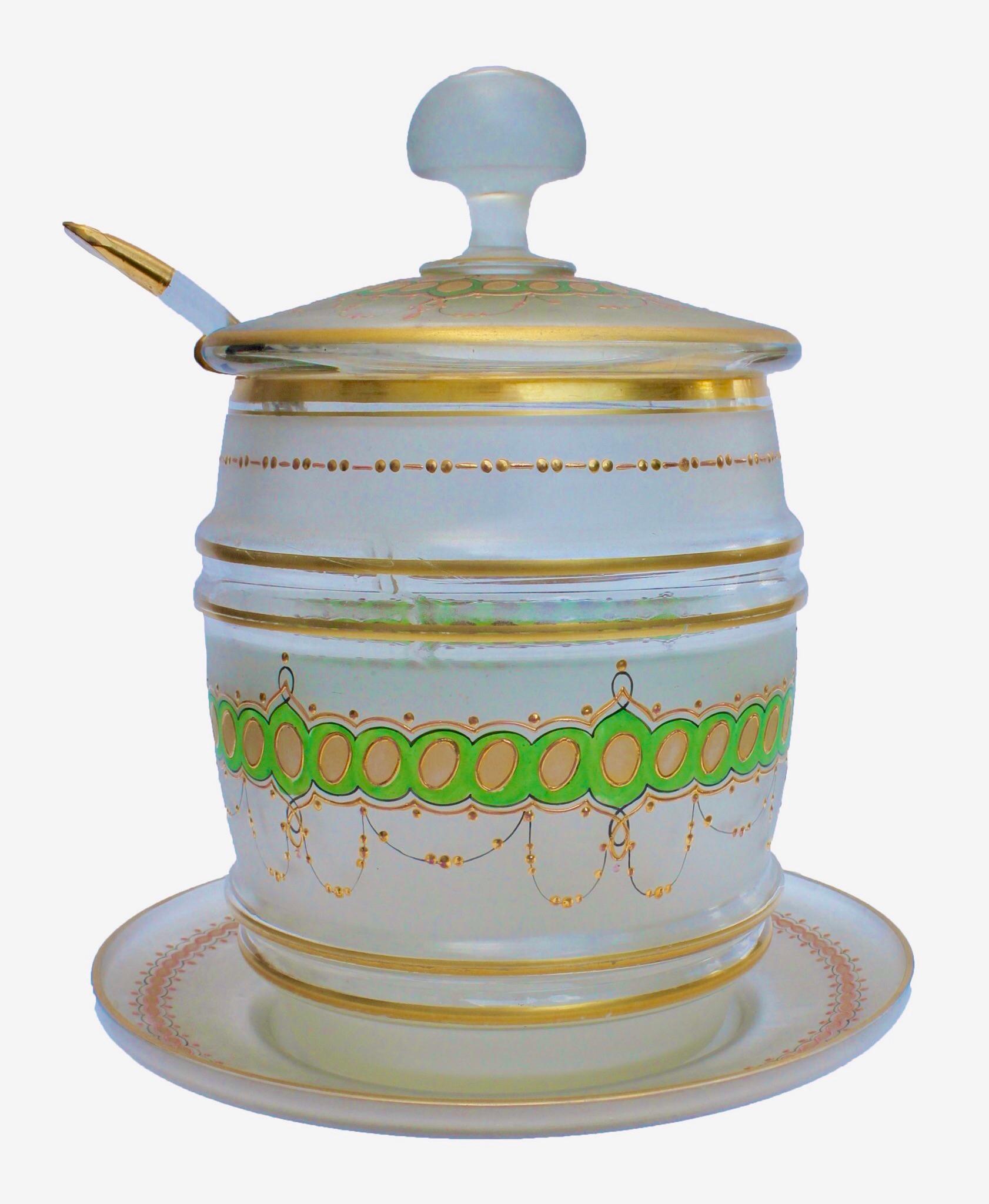 Cold-Painted Bohemian Enameled, Gold Edging Satin Glass Punch Bowl whit Tray, Lid and Spoon For Sale