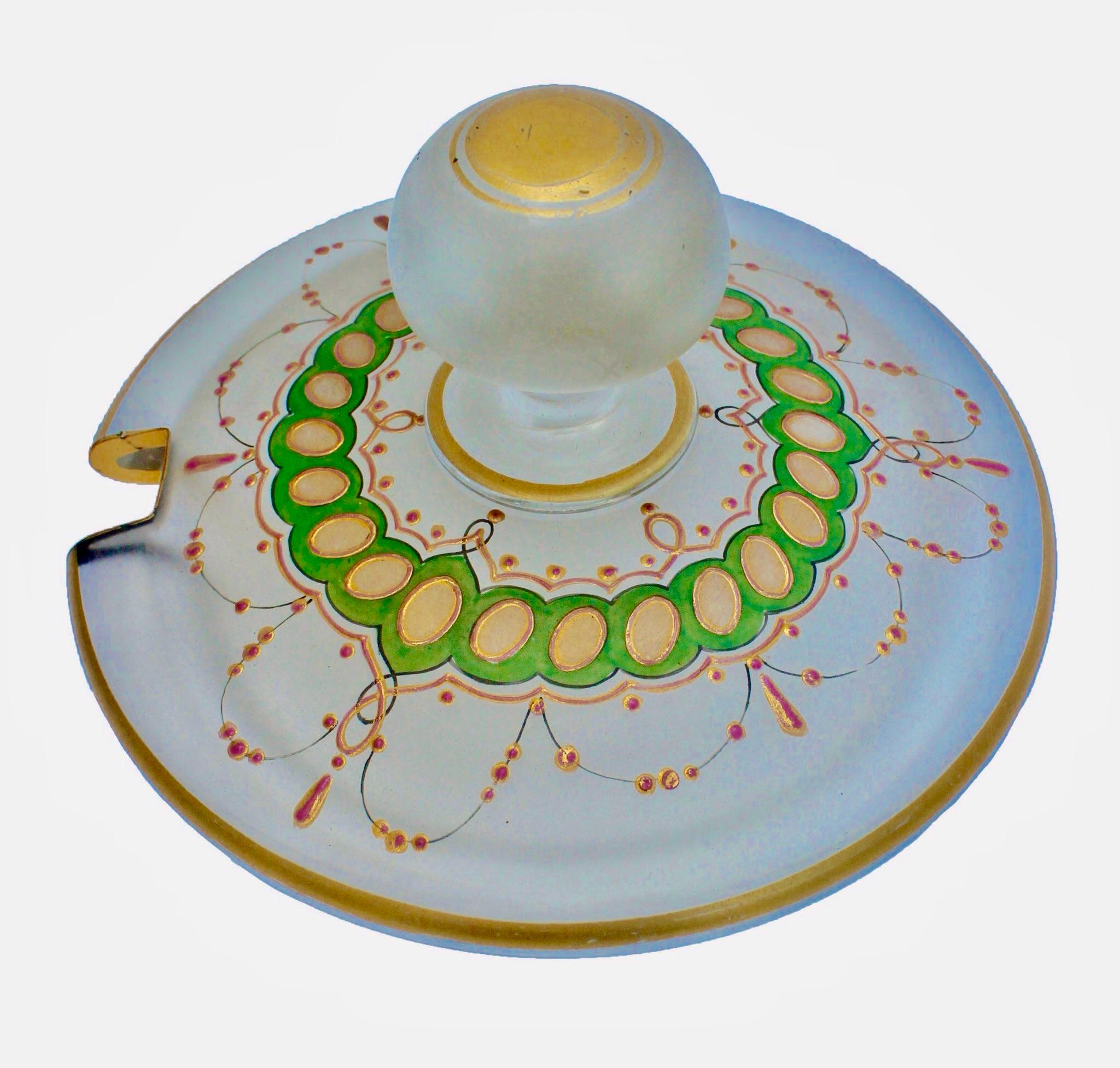 Art Glass Bohemian Enameled, Gold Edging Satin Glass Punch Bowl whit Tray, Lid and Spoon For Sale