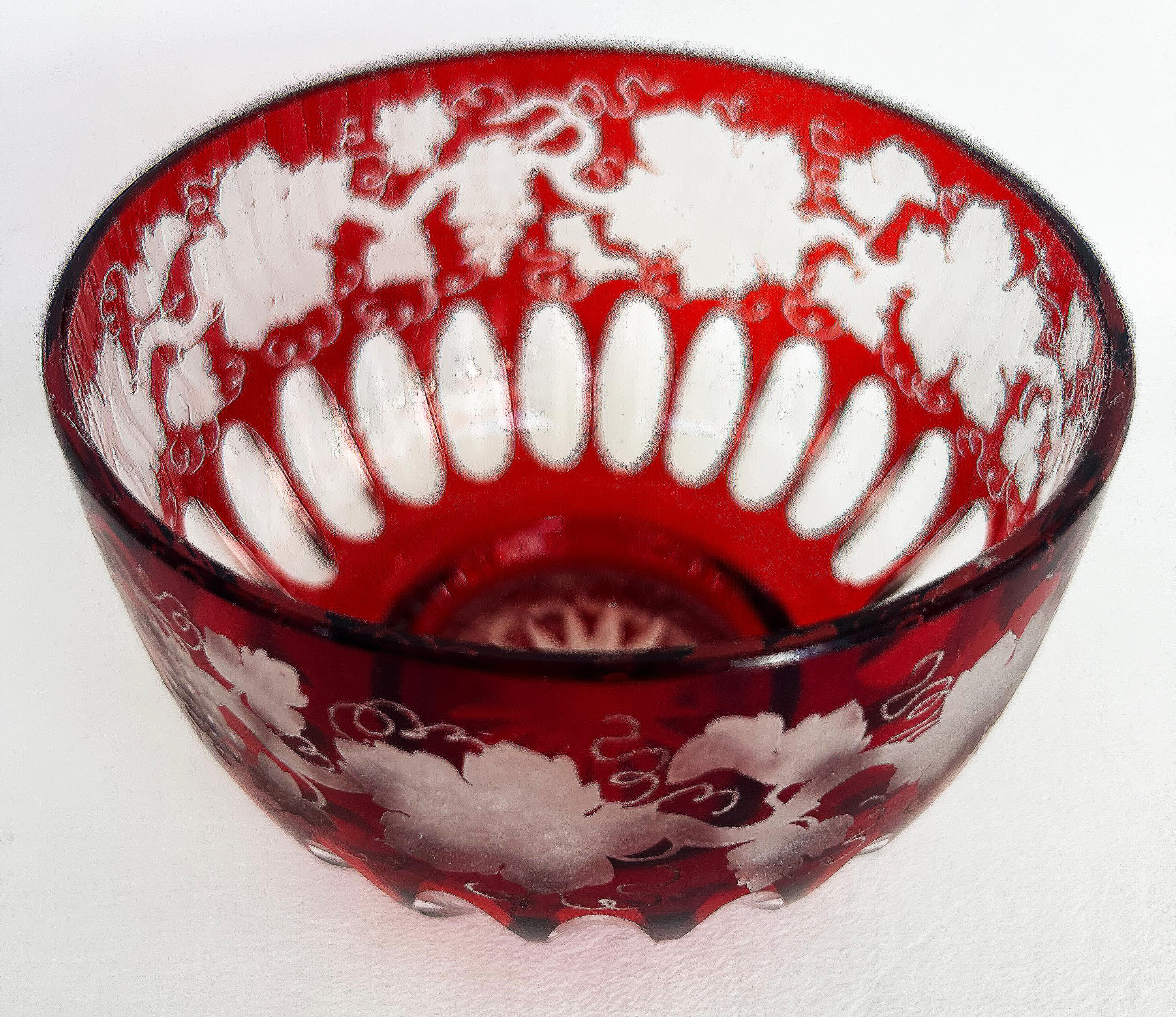Bohemian Etched Cased Cranberry Glass Leaf and Vine Bowl

Offered for sale is an ornately carved Bohemian cranberry to clear etched and wheel-cut bowl. This finely carved bowl is surrounded by delicate vines and leaves with polished inverted oval