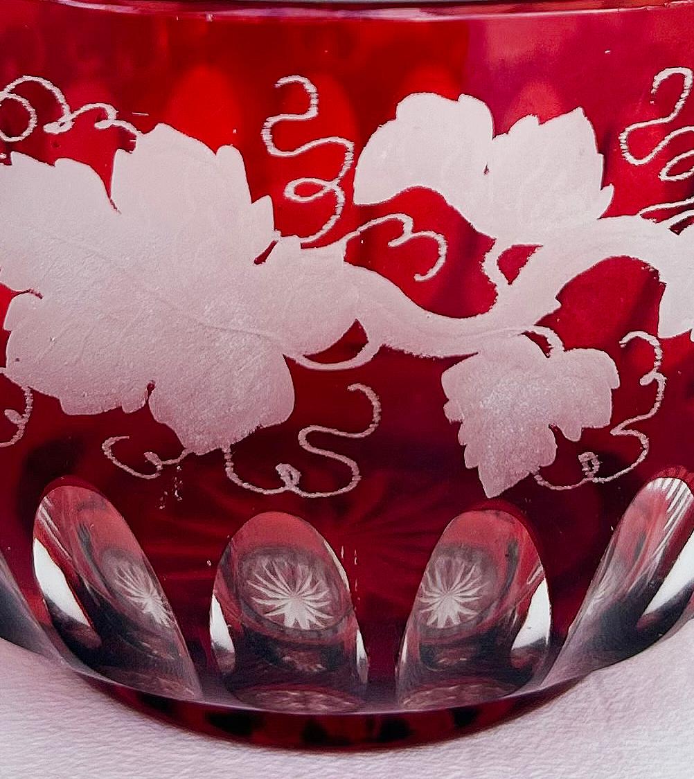 Czech Bohemian Etched Cased Cranberry Glass Leaf and Vine Bowl For Sale