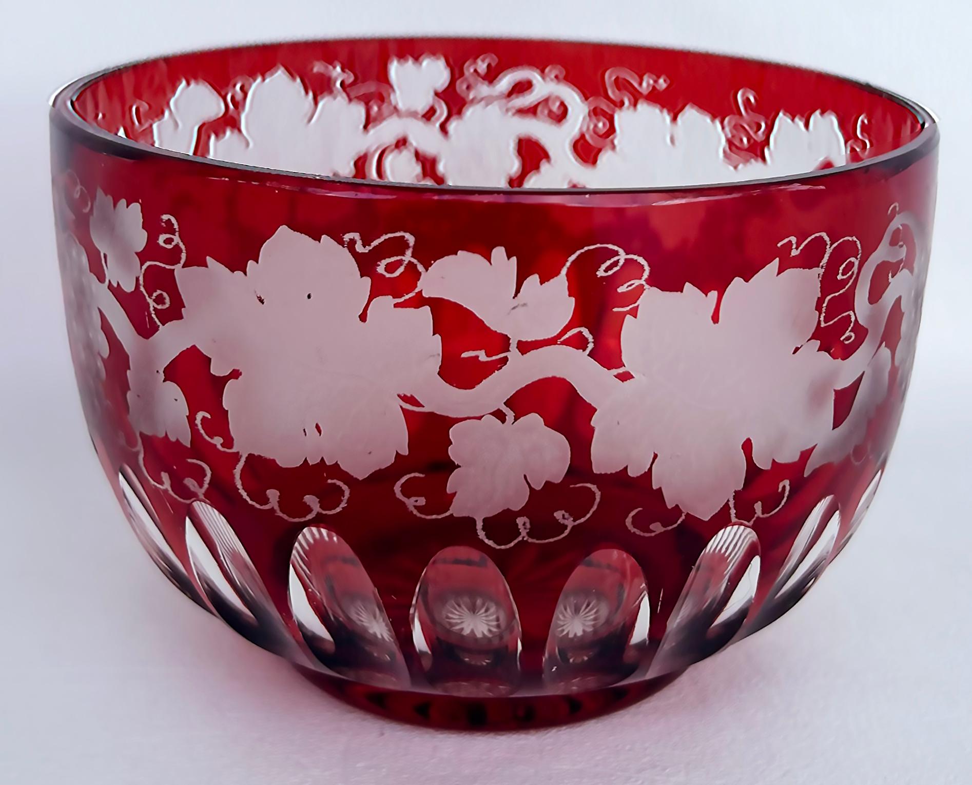 Bohemian Etched Cased Cranberry Glass Leaf and Vine Bowl For Sale 2