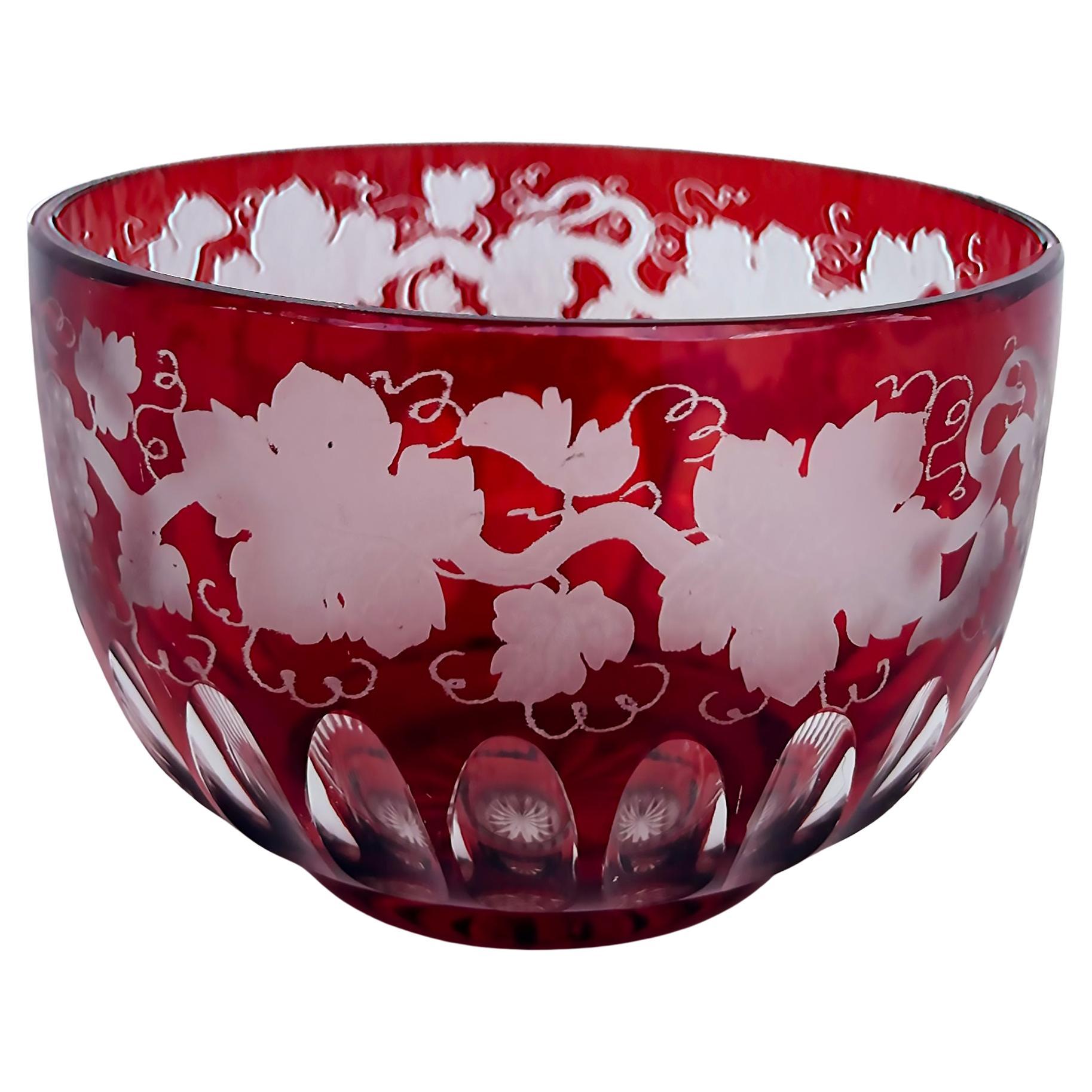 Bohemian Etched Cased Cranberry Glass Leaf and Vine Bowl