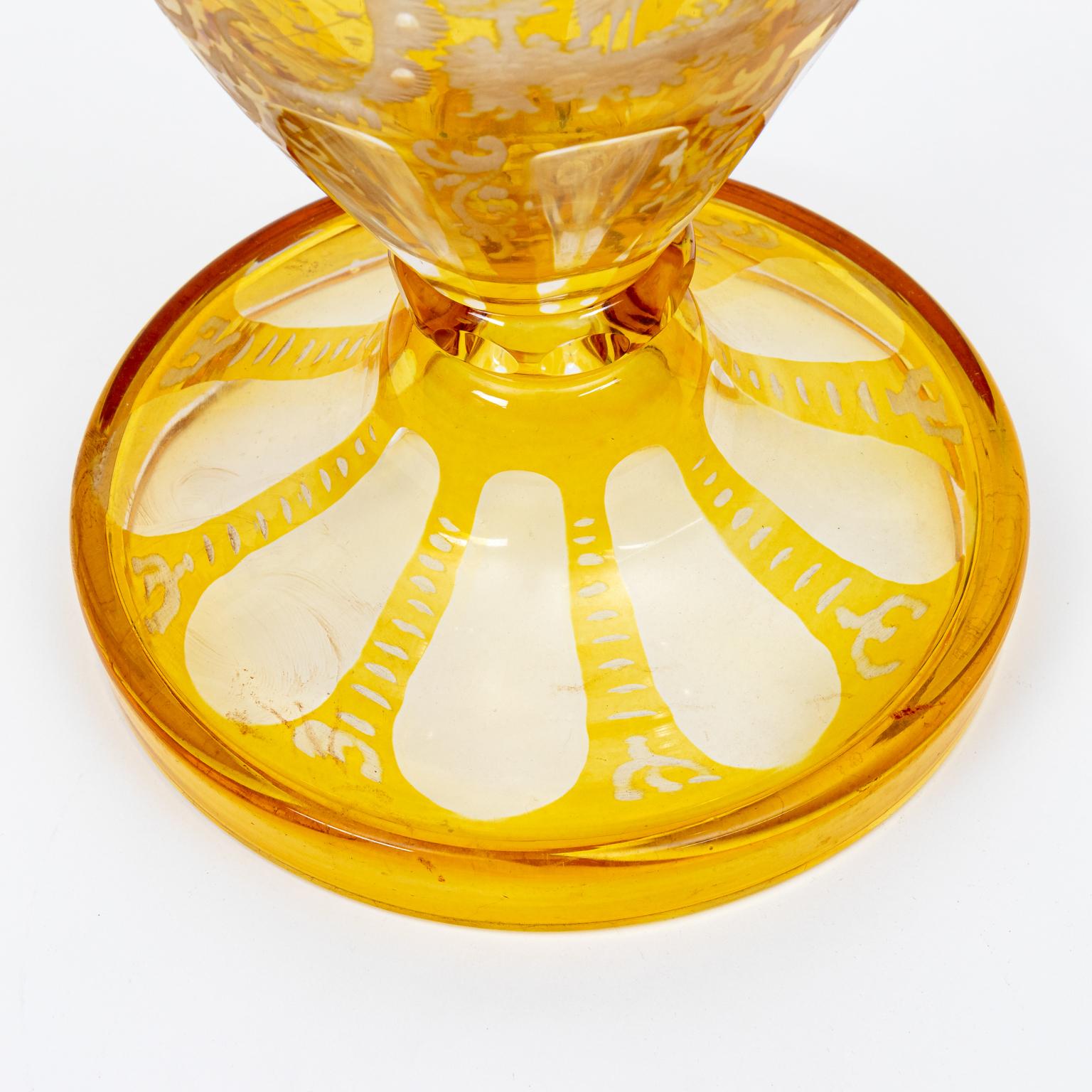 Czech Bohemian Etched Vase Clear to Yellow For Sale