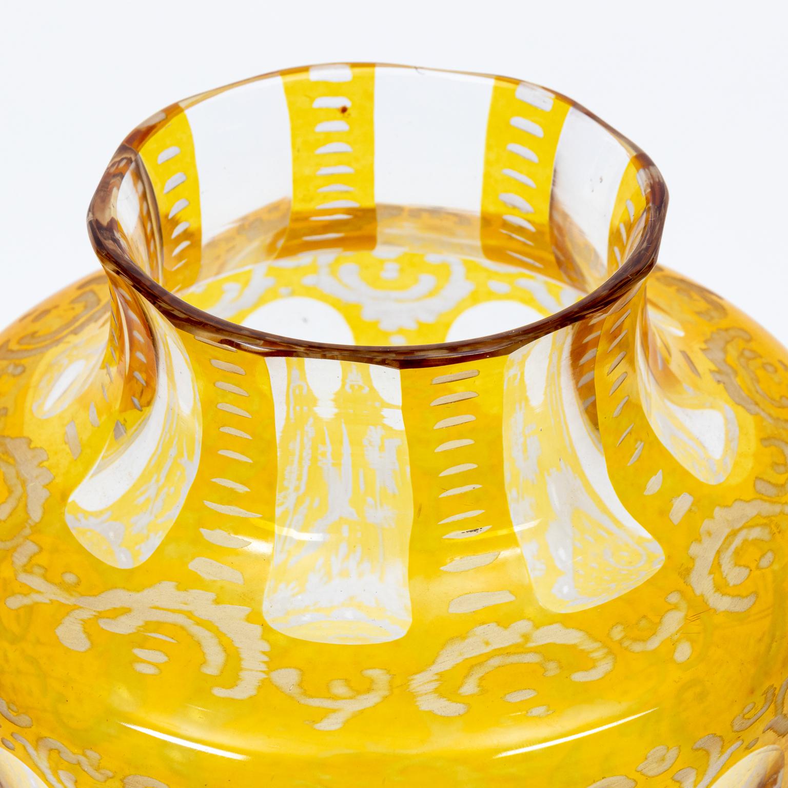 Bohemian Etched Vase Clear to Yellow In Good Condition For Sale In Stamford, CT