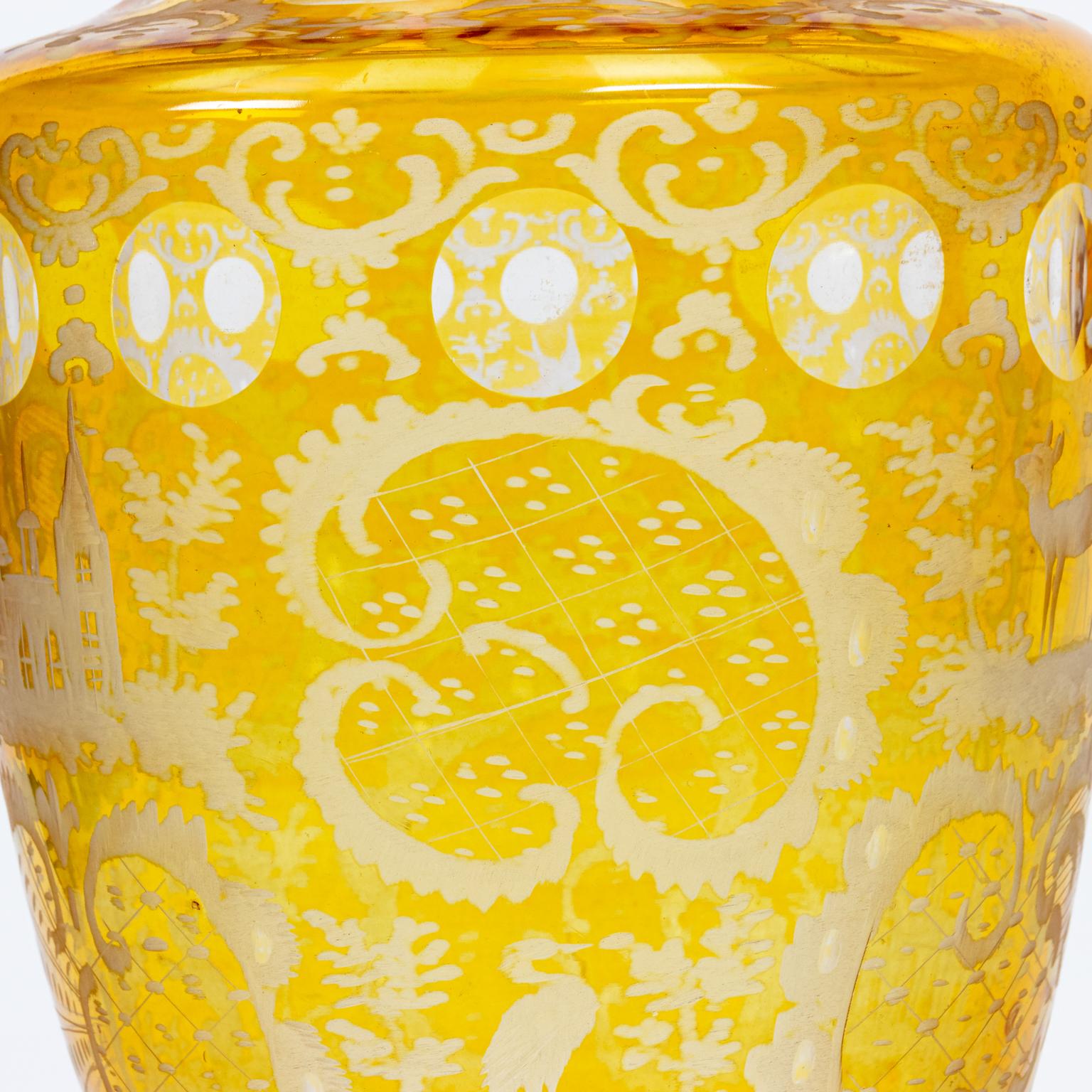 Crystal Bohemian Etched Vase Clear to Yellow For Sale