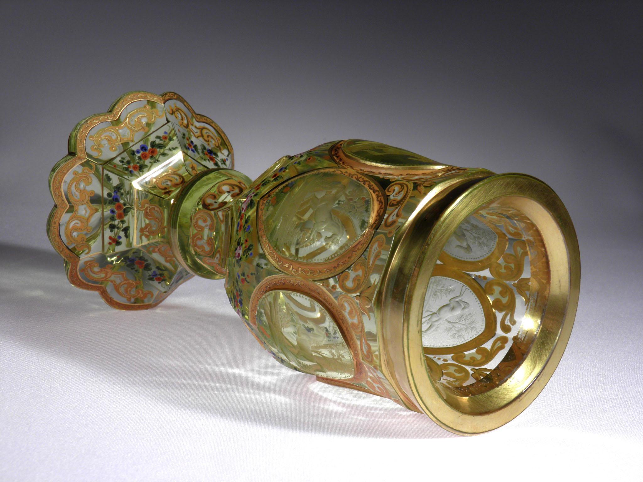 Bohemian European Antique Uranium Glass Goblet Horse Medallion Gold Paint 3