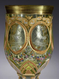 Bohemian European Antique Uranium Glass Goblet Horse Medallion Gold Paint