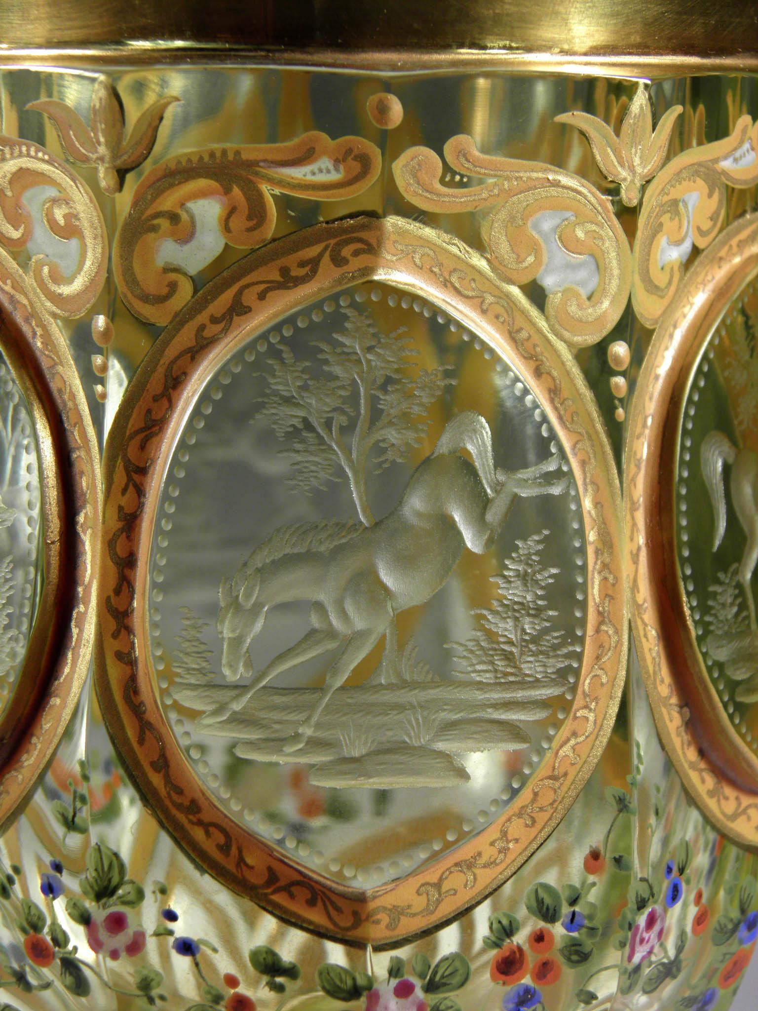 Czech Bohemian European Antique Uranium Glass Goblet Horse Medallion Gold Paint