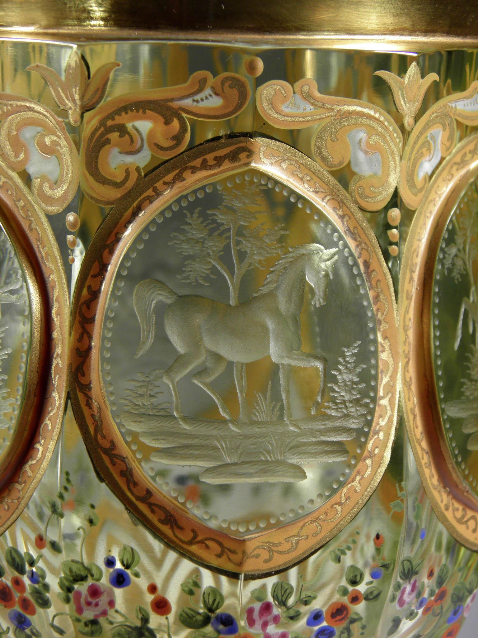 Bohemian European Antique Uranium Glass Goblet Horse Medallion Gold Paint In Good Condition In Nový Bor, CZ