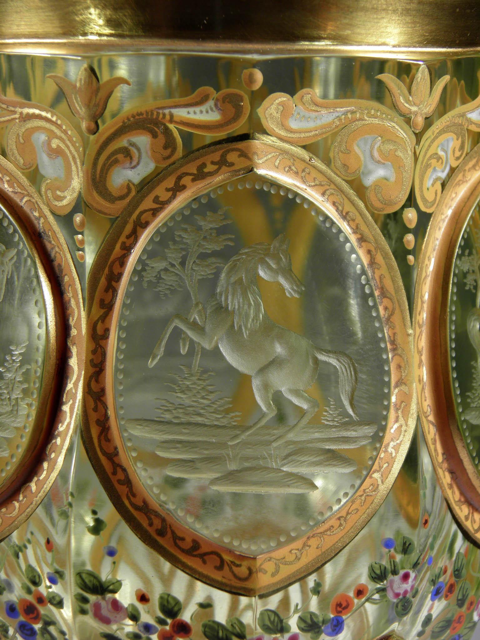 19th Century Bohemian European Antique Uranium Glass Goblet Horse Medallion Gold Paint