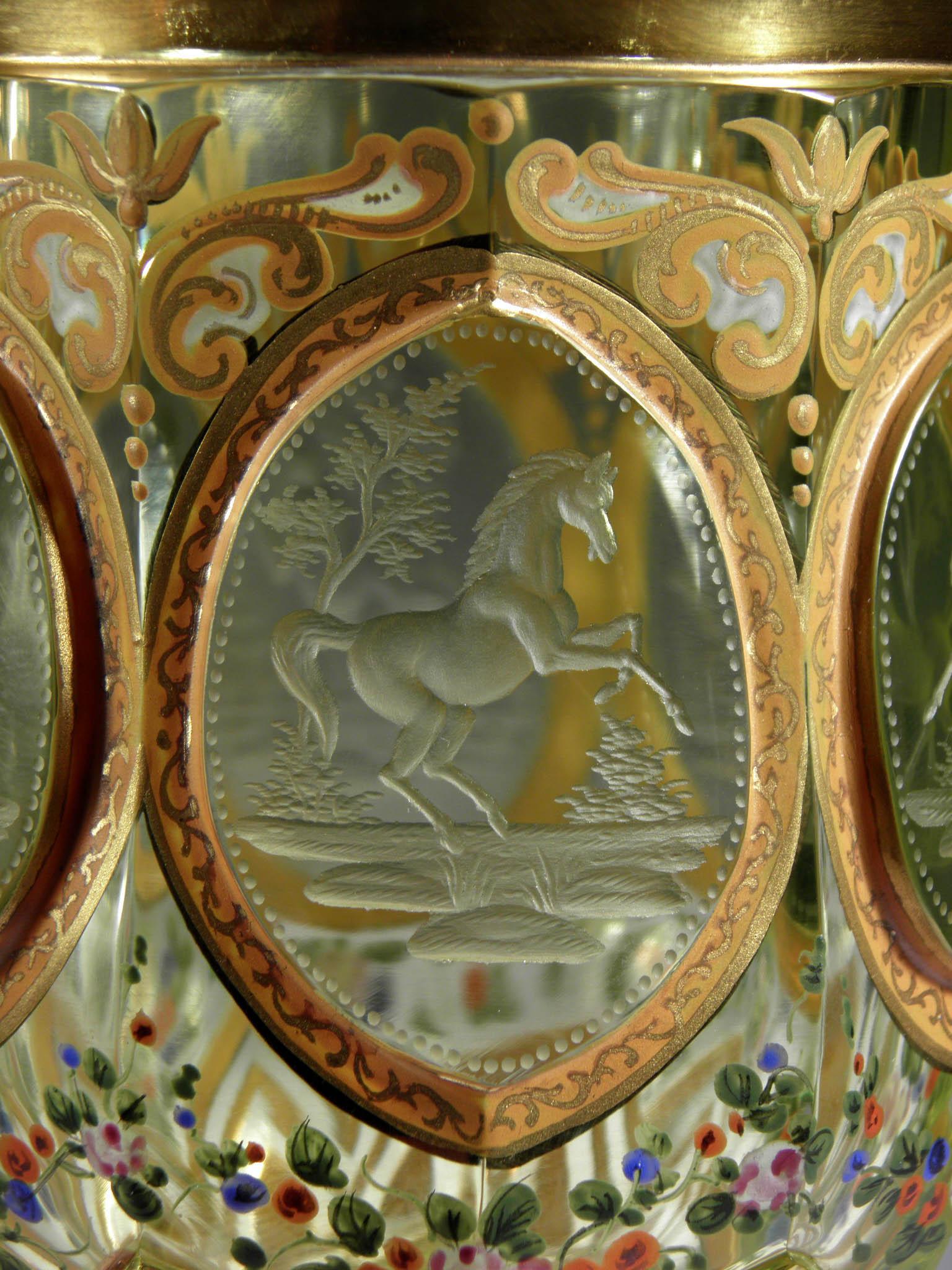 Bohemian European Antique Uranium Glass Goblet Horse Medallion Gold Paint 1