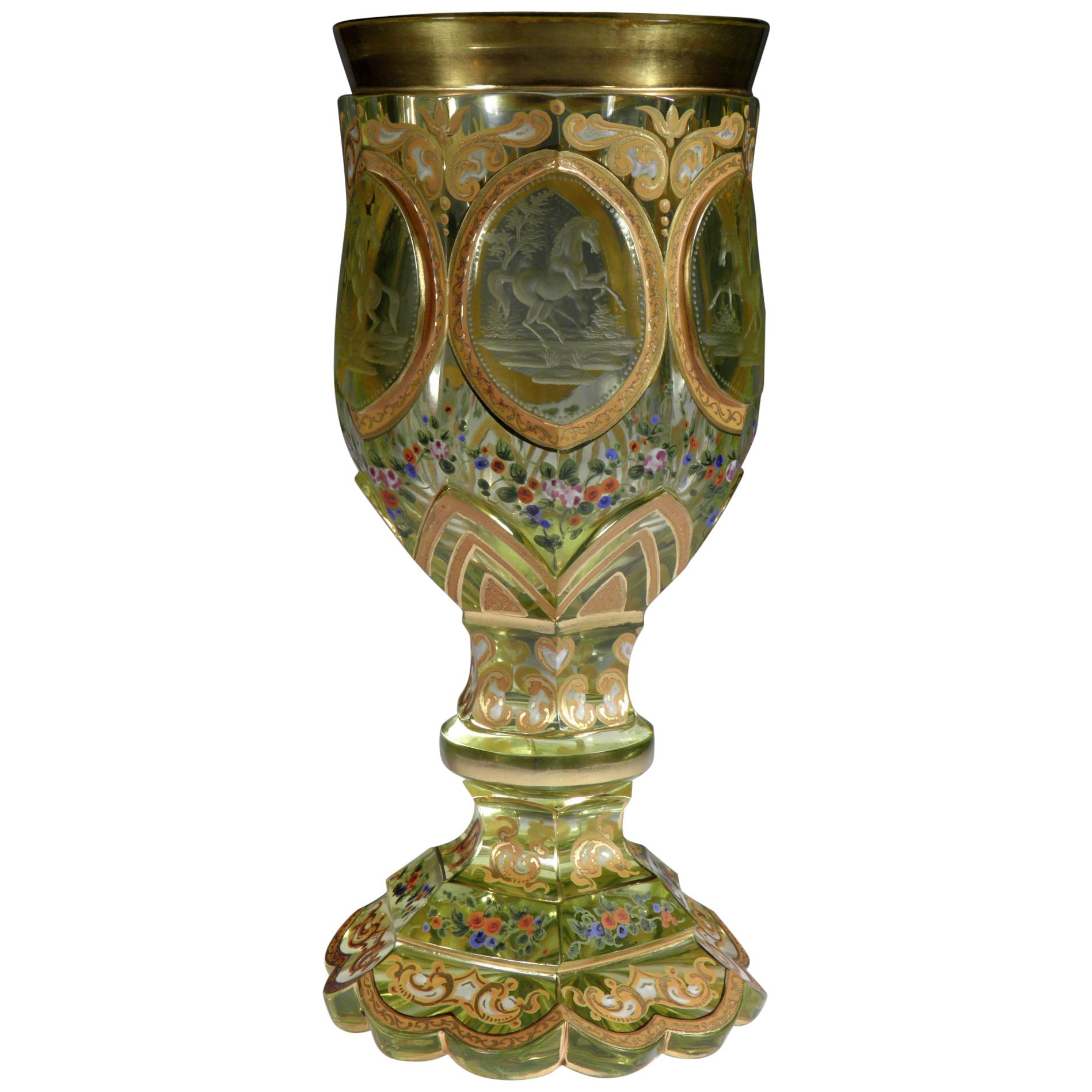 Bohemian European Antique Uranium Glass Goblet Horse Medallion Gold Paint