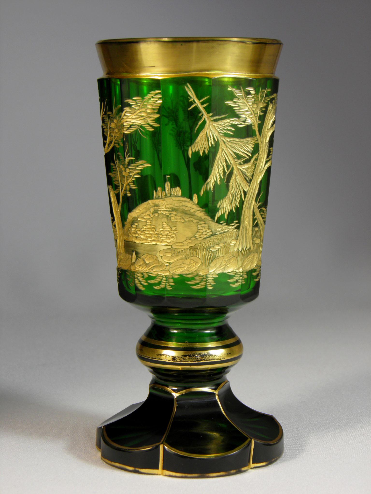 Bohemian European Glass Goblet Hunting Motive, 19th Century In Good Condition In Nový Bor, CZ