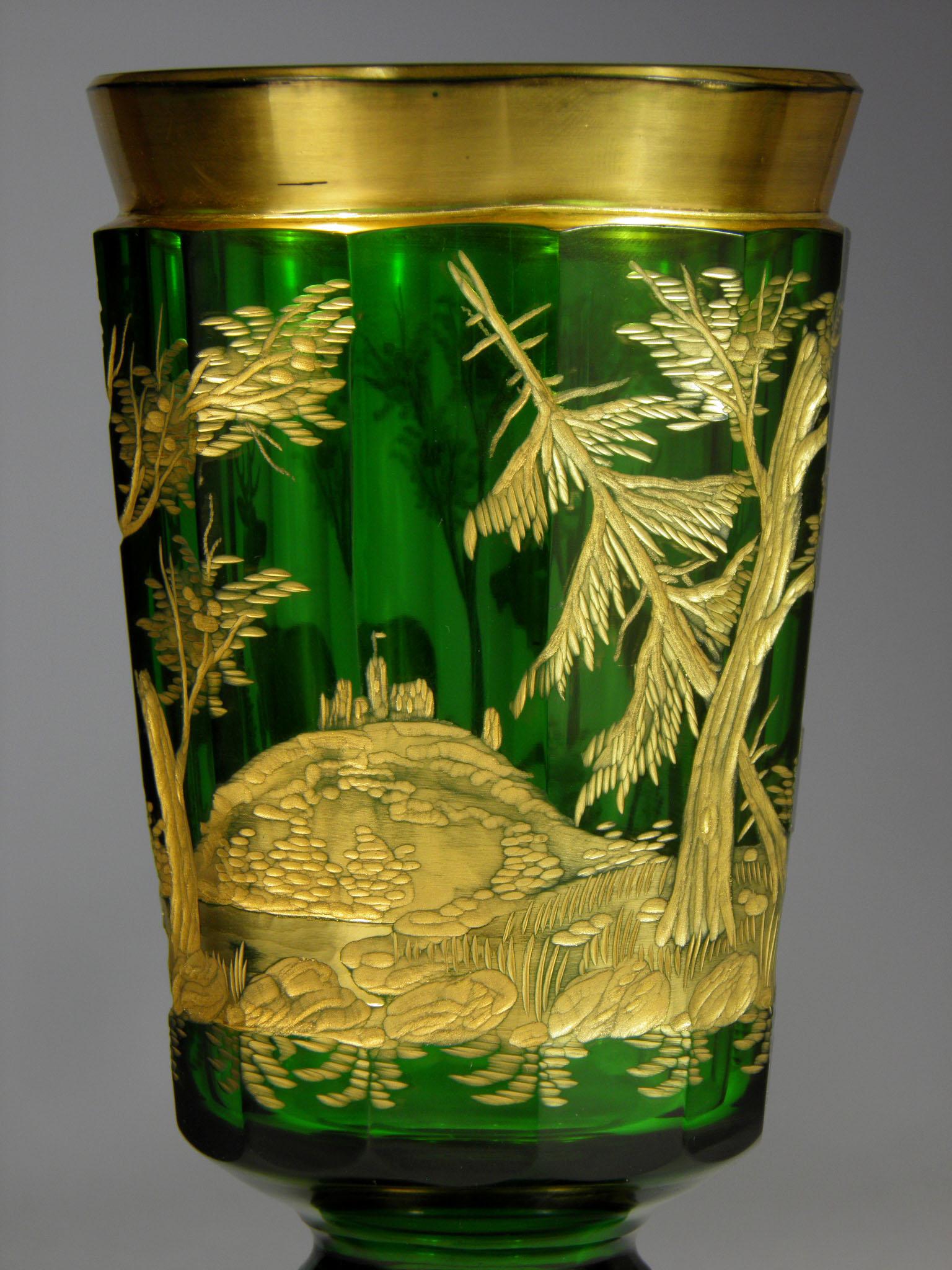 Bohemian European Glass Goblet Hunting Motive, 19th Century 1