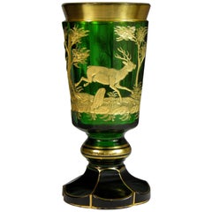 Antique Bohemian European Glass Goblet Hunting Motive, 19th Century