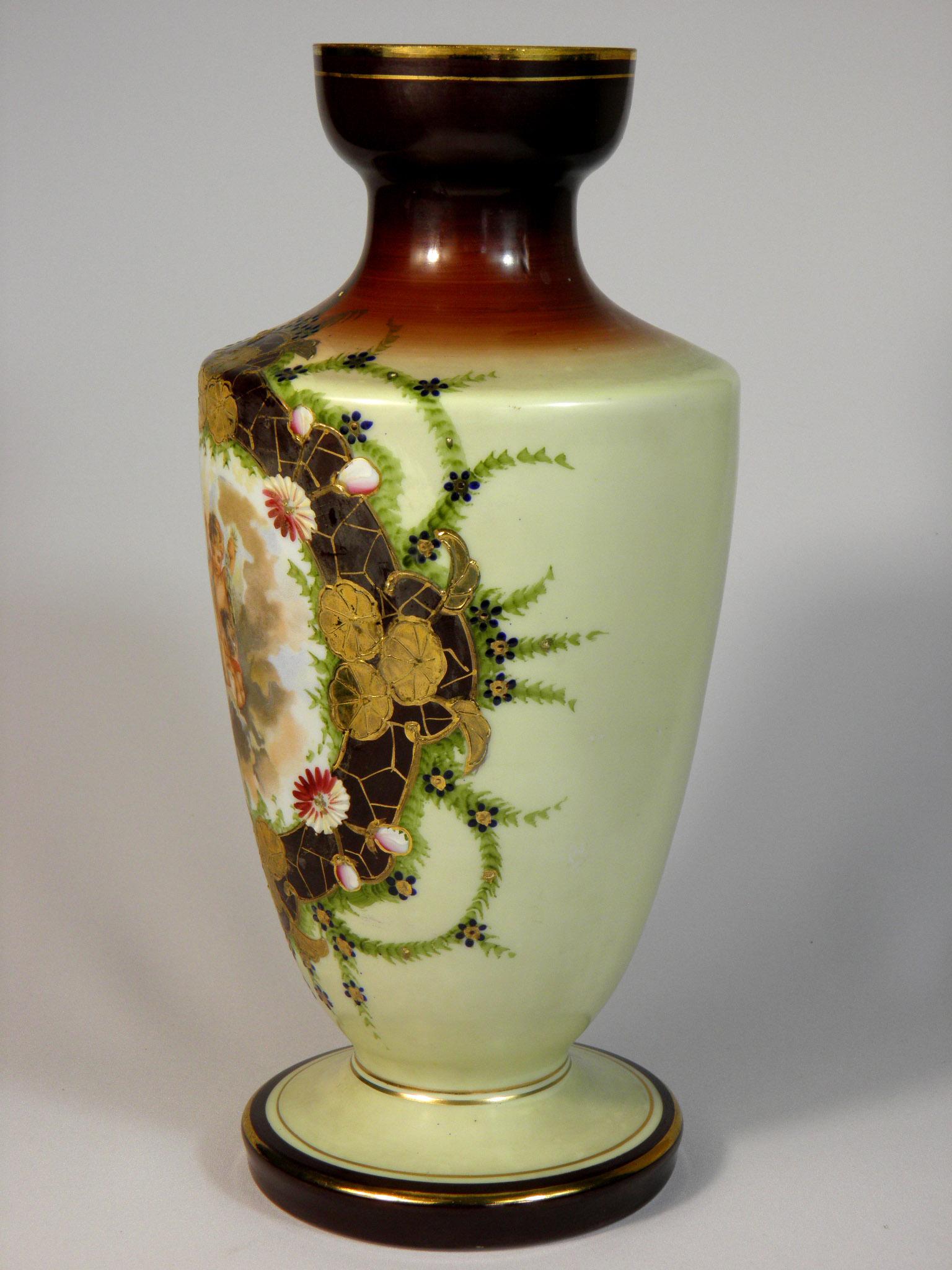 Bohemian European opal vase floral cupid decor, 19th-20th century.
