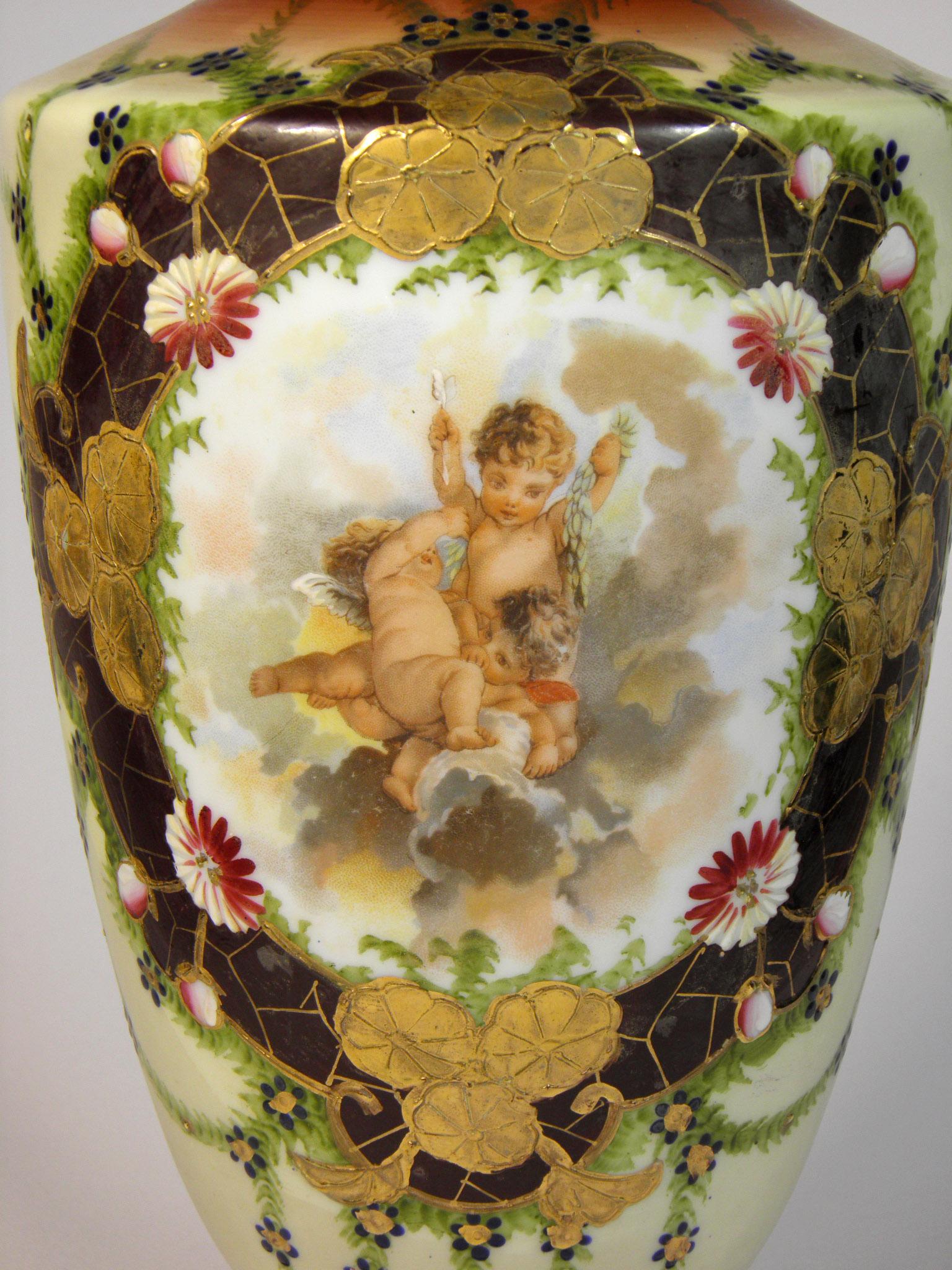 Czech Bohemian European Opal Vase Floral Cupid Decor, 19th-20th Century For Sale