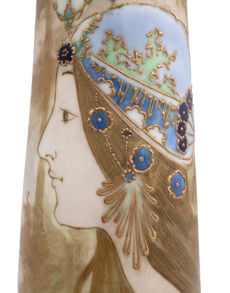 Austrian Bohemian Female Portrait Vase Art Noveau Amphora circa 1895 blue and gold For Sale