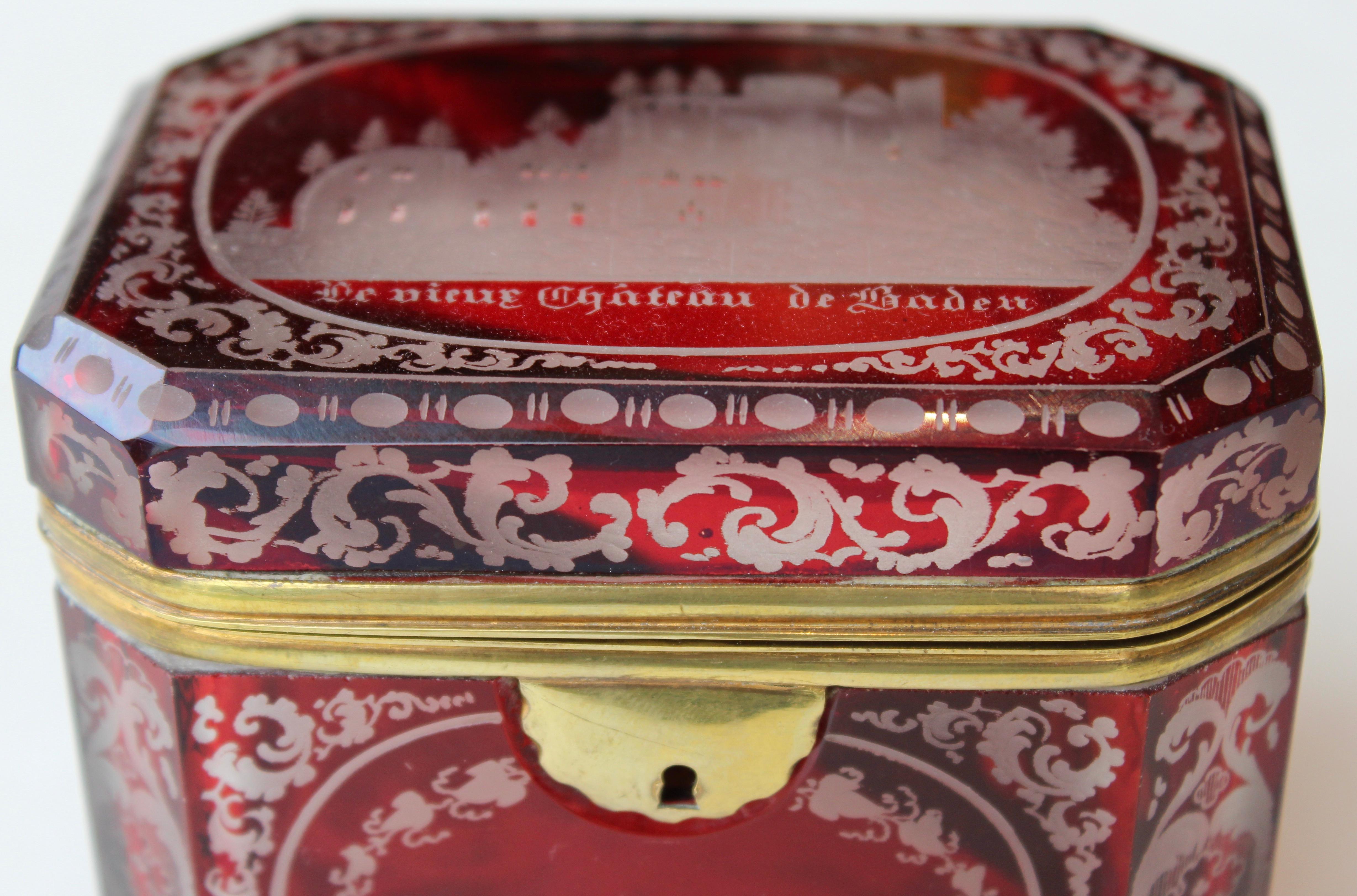 Czech Bohemian Flash Cut Ruby Glass Souvenir Box, circa 1880 For Sale