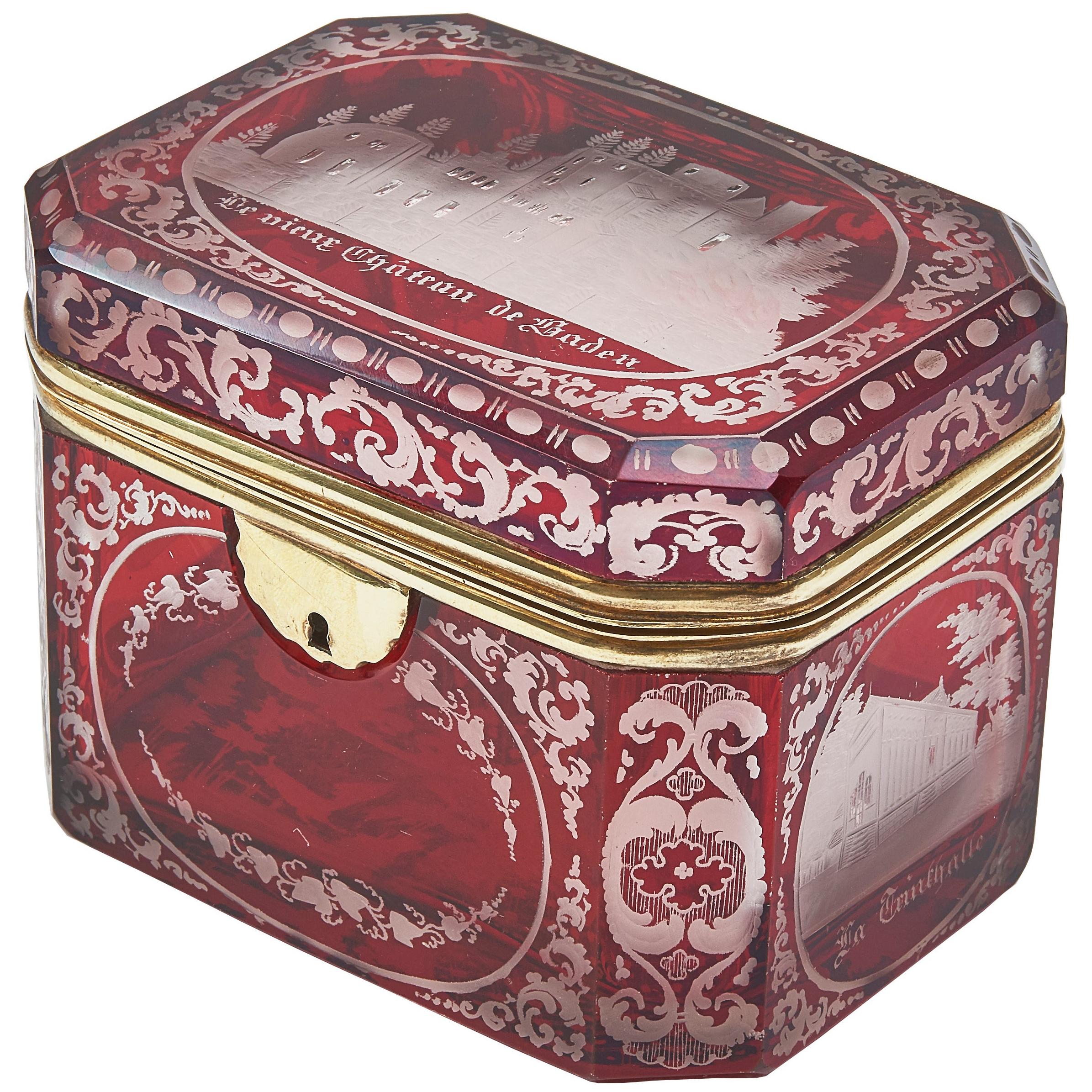 Bohemian Flash Cut Ruby Glass Souvenir Box, circa 1880 For Sale