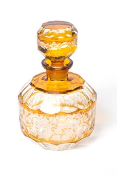Bohemian Floral Amber Cut to Clear Crystal Czech Decanter with Stopper