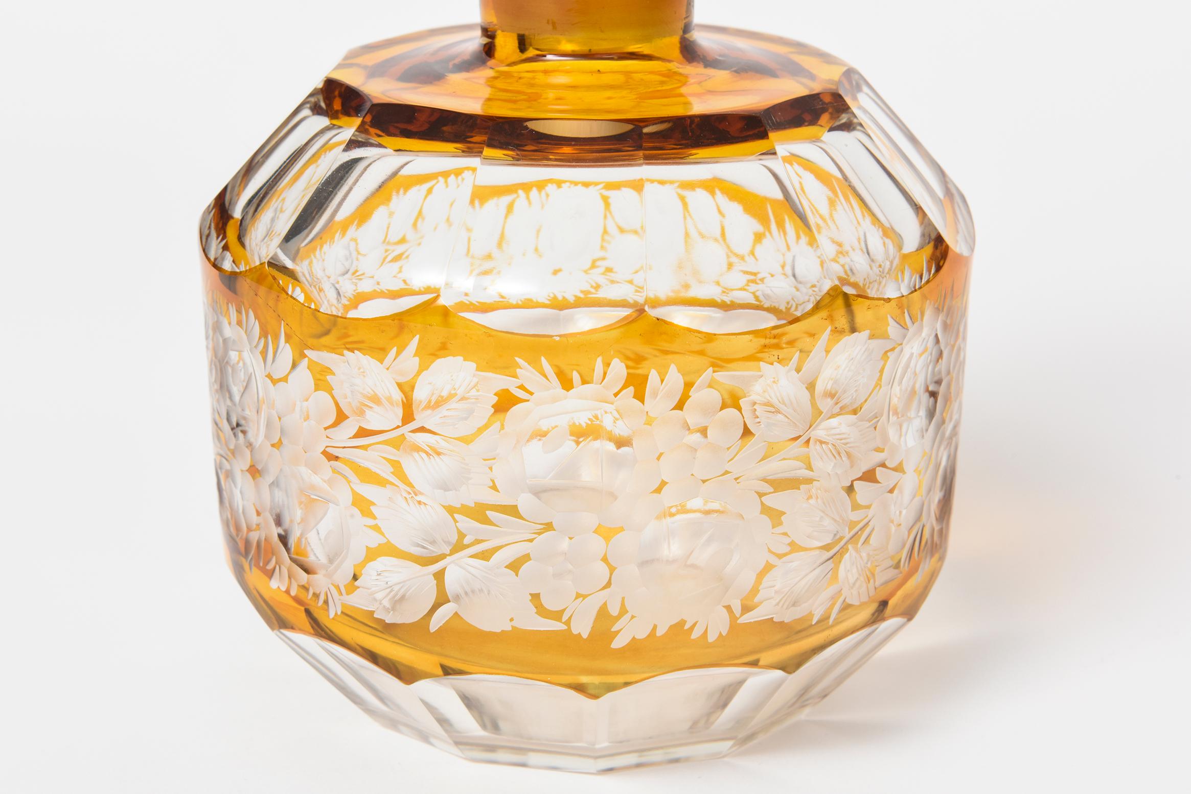 Bohemian Floral Amber Cut to Clear Crystal Czech Decanter with Stopper In Good Condition In Miami Beach, FL