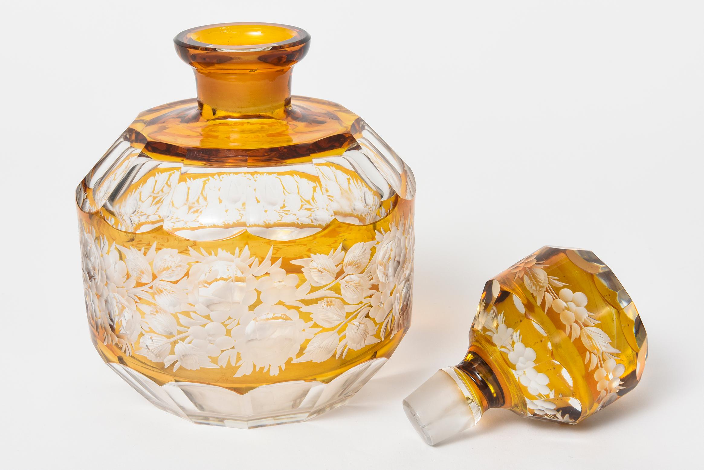 20th Century Bohemian Floral Amber Cut to Clear Crystal Czech Decanter with Stopper