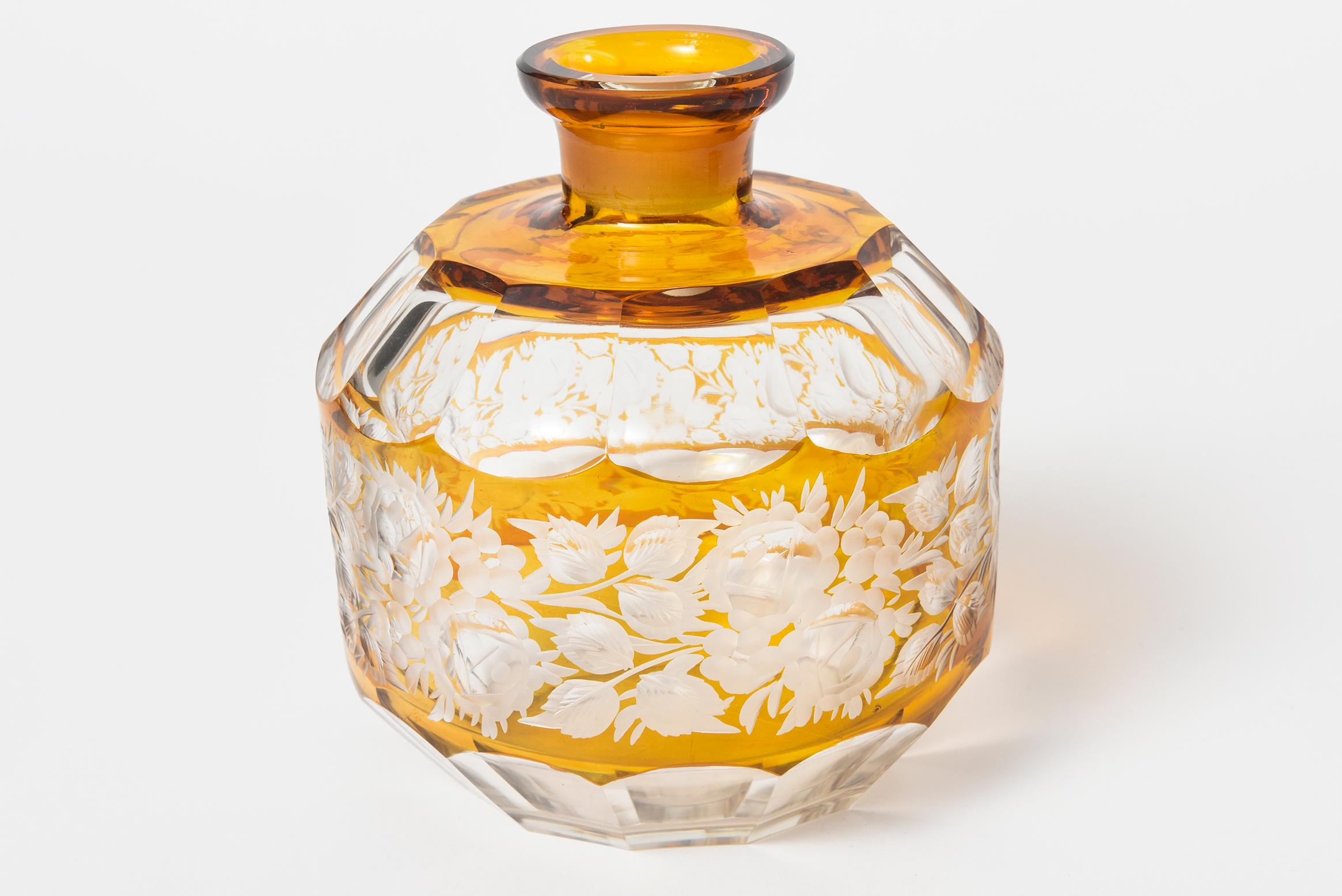 Bohemian Floral Amber Cut to Clear Crystal Czech Decanter with Stopper 1