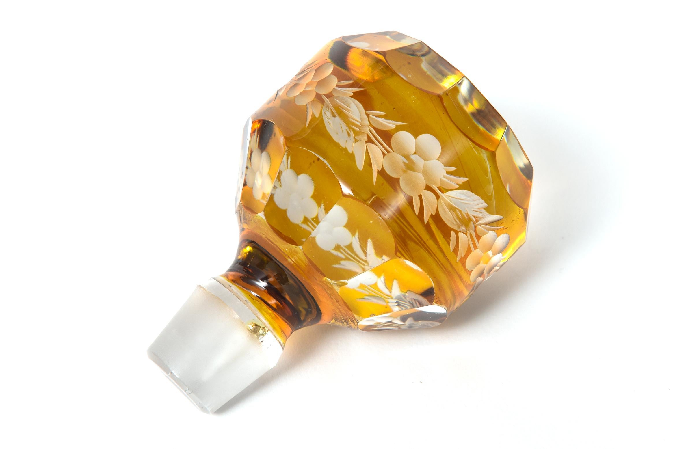 Bohemian Floral Amber Cut to Clear Crystal Czech Decanter with Stopper 3